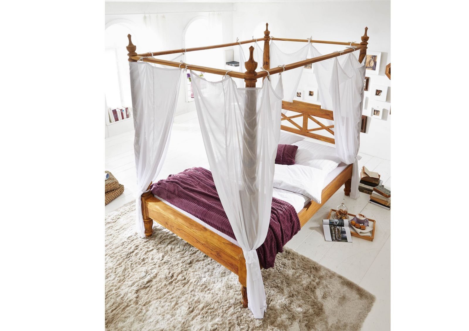 Massivmoebel24 Himmelbett Himmelbett Sheesham 160x200x224 braun geölt NATURE BROWN #531