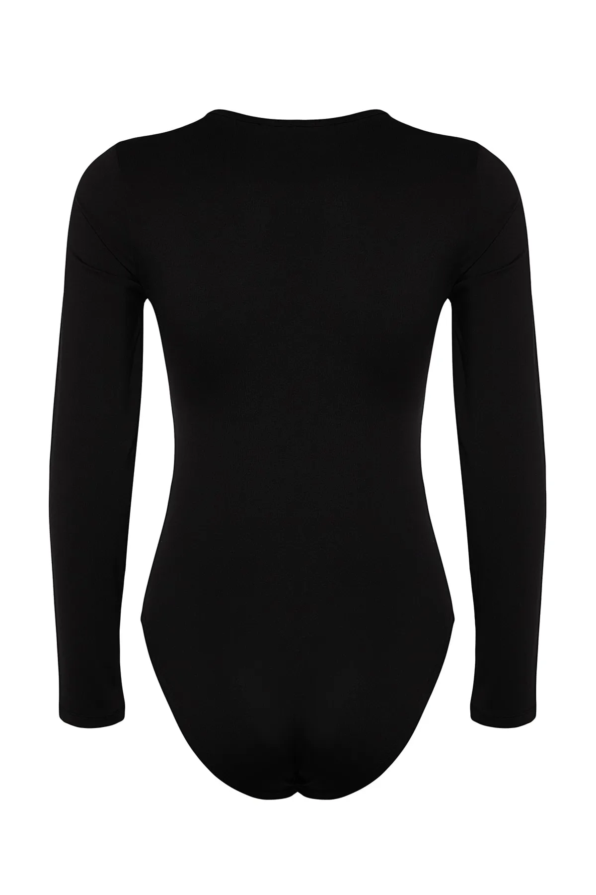 Trendyol Collection  Schwarzer, tief ausgeschnittener Stretch-Strickbody aus Tüll mit Rundhalsausschnitt und Druckknöpfen TWOAW24BD00012
