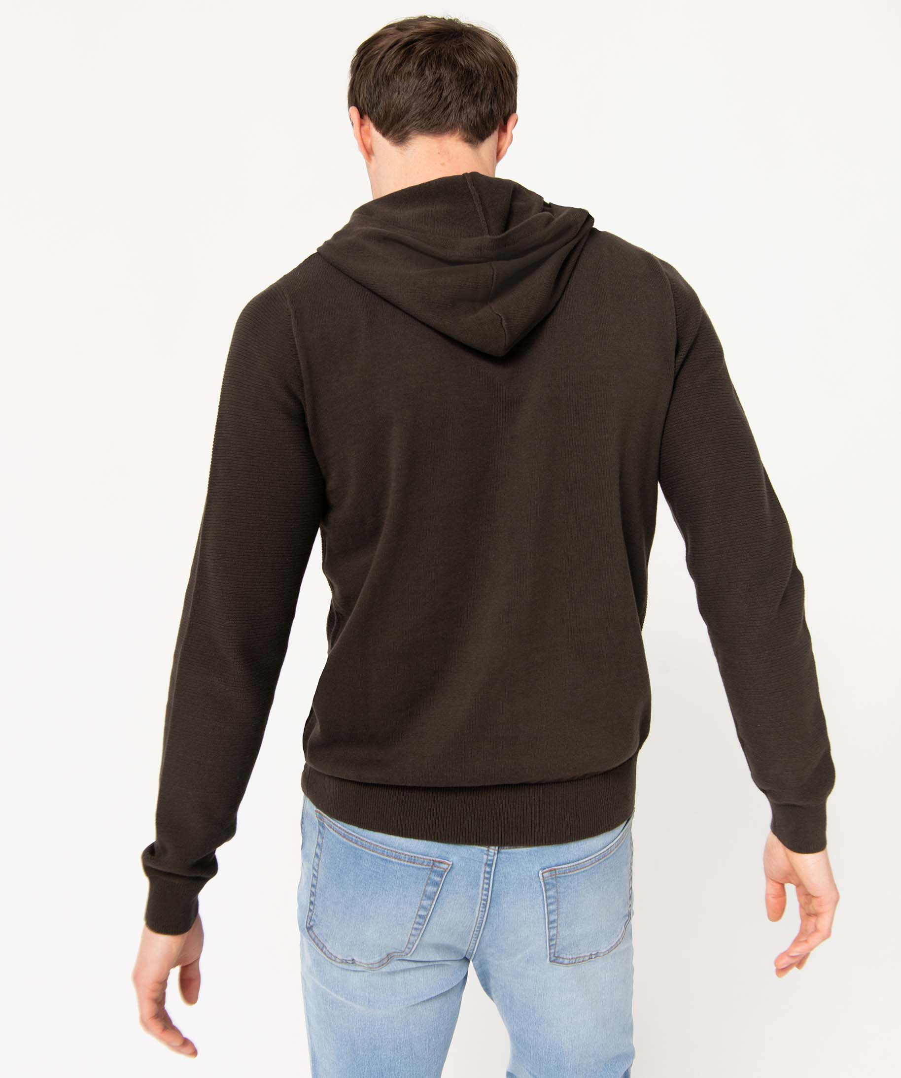 Pull homme en maille ctelée à capuche marron | GEMO