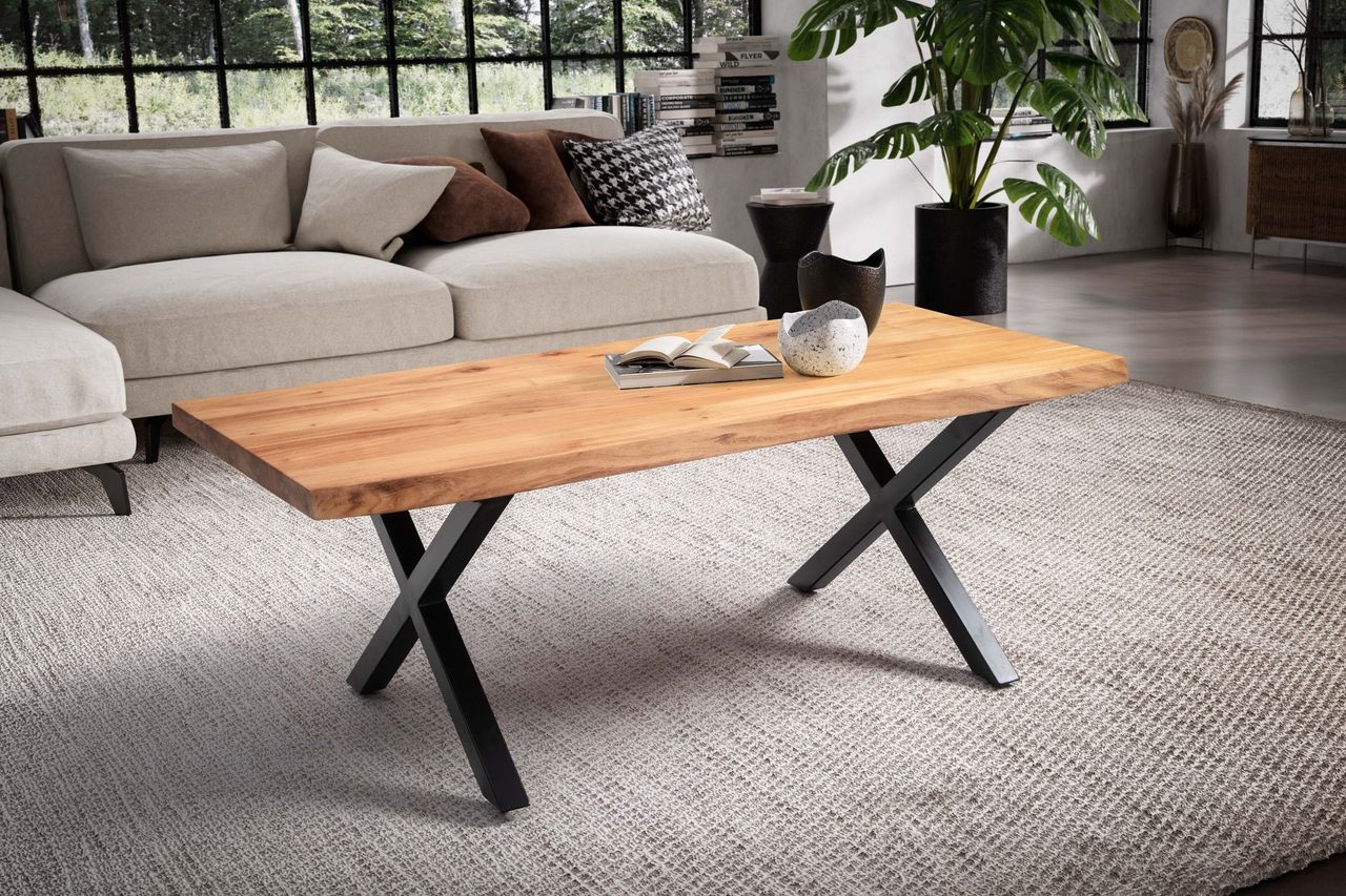 Wohnling Couchtisch 120 cm Akazie Massivholz Wohnzimmertisch Sofatisch Baumkante