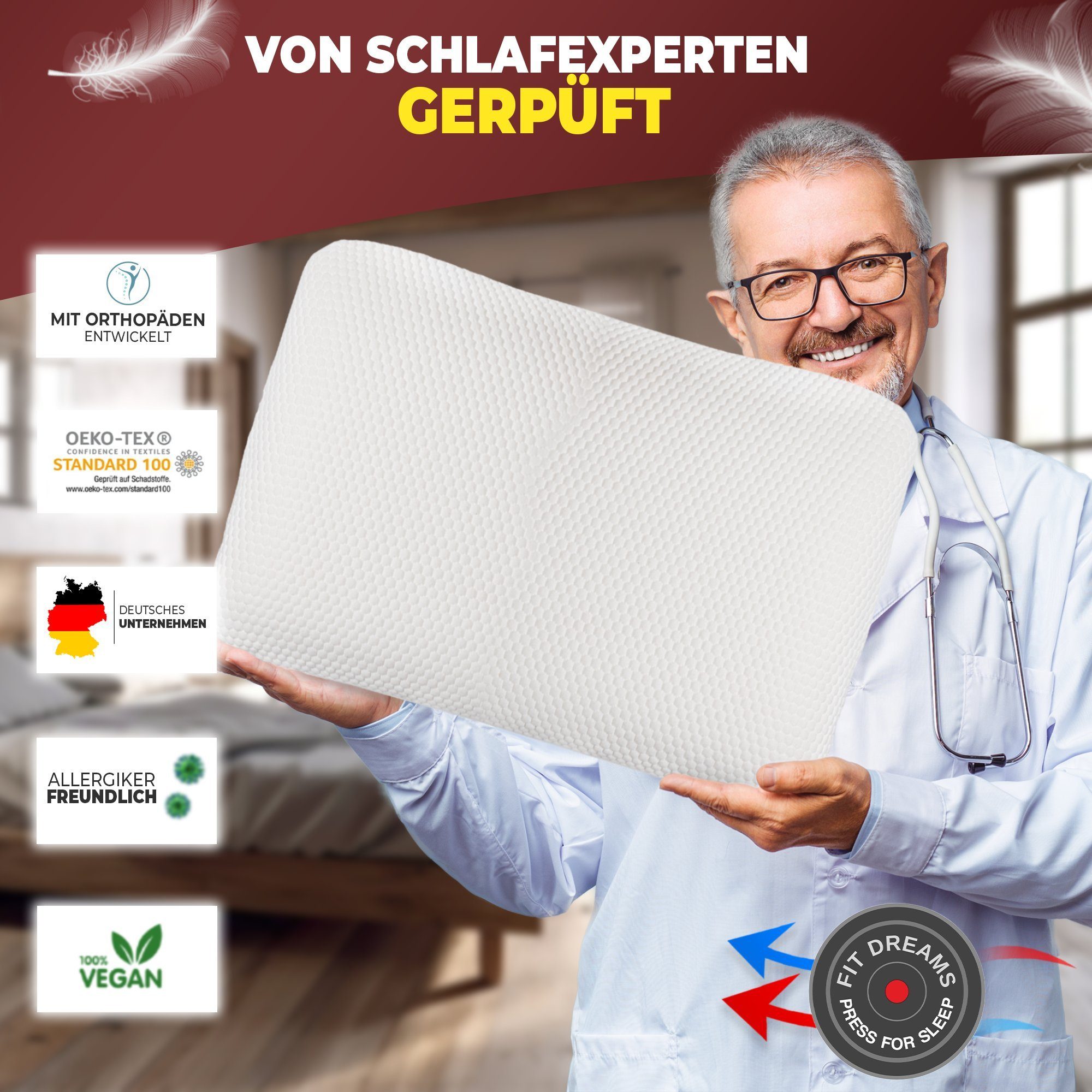 FIT DREAMS PRESS FOR SLEEP Nackenkissen aus Memory Foam – Orthopädisches ergonomisches Kissen, Spar-Set, 1-tlg., Anti-Schnarch Set - Lendenkissen, schonend für Rücken, Nacken und Wirbelsäule – Nackenstützkissen