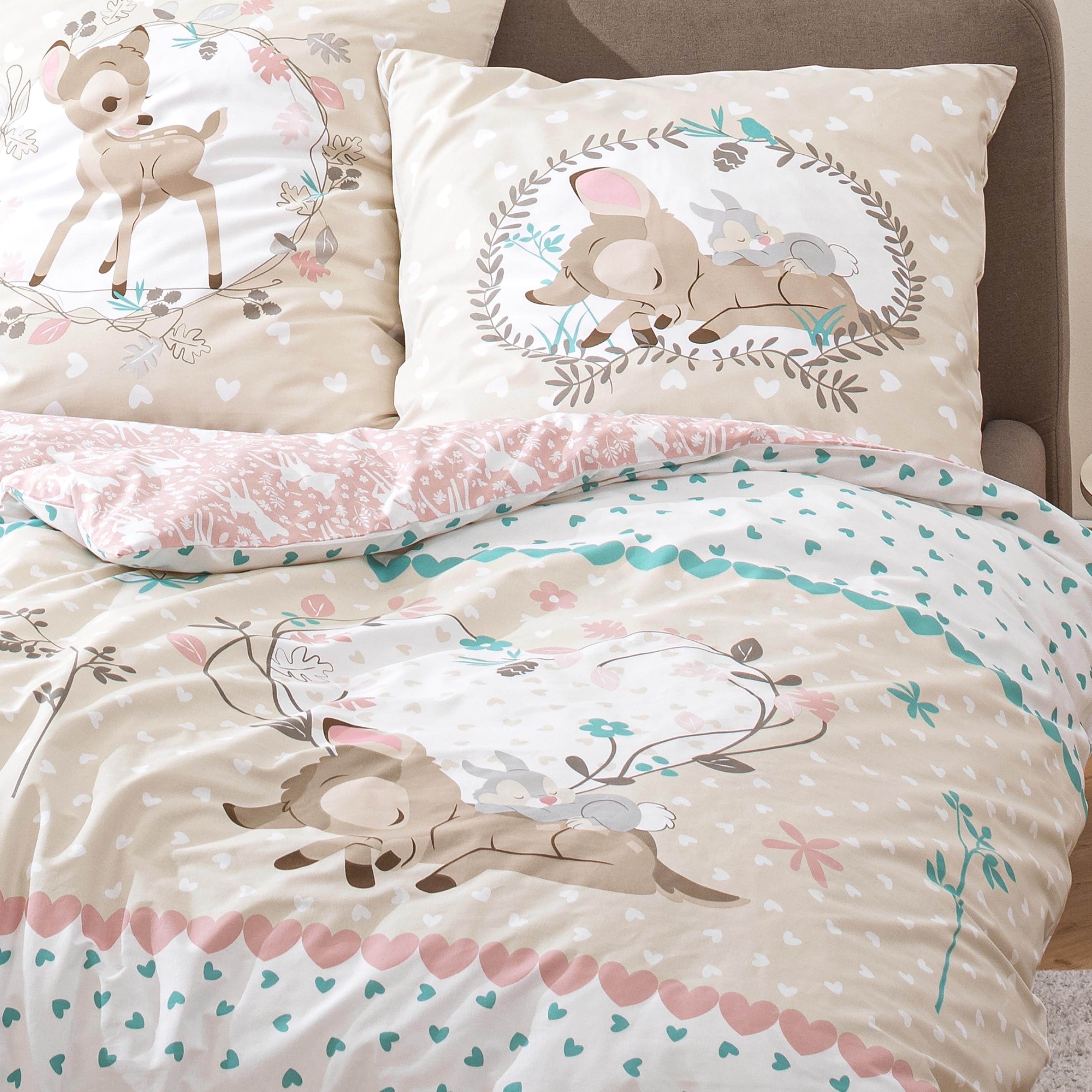 Kinderbettwäsche Bambi 135x200 + 80x80 cm, 100 % Baumwolle, MTOnlinehandel, Renforcé, 2 teilig, 's Bambi Reh & Klopfer Hase in beige, mint und rosé
