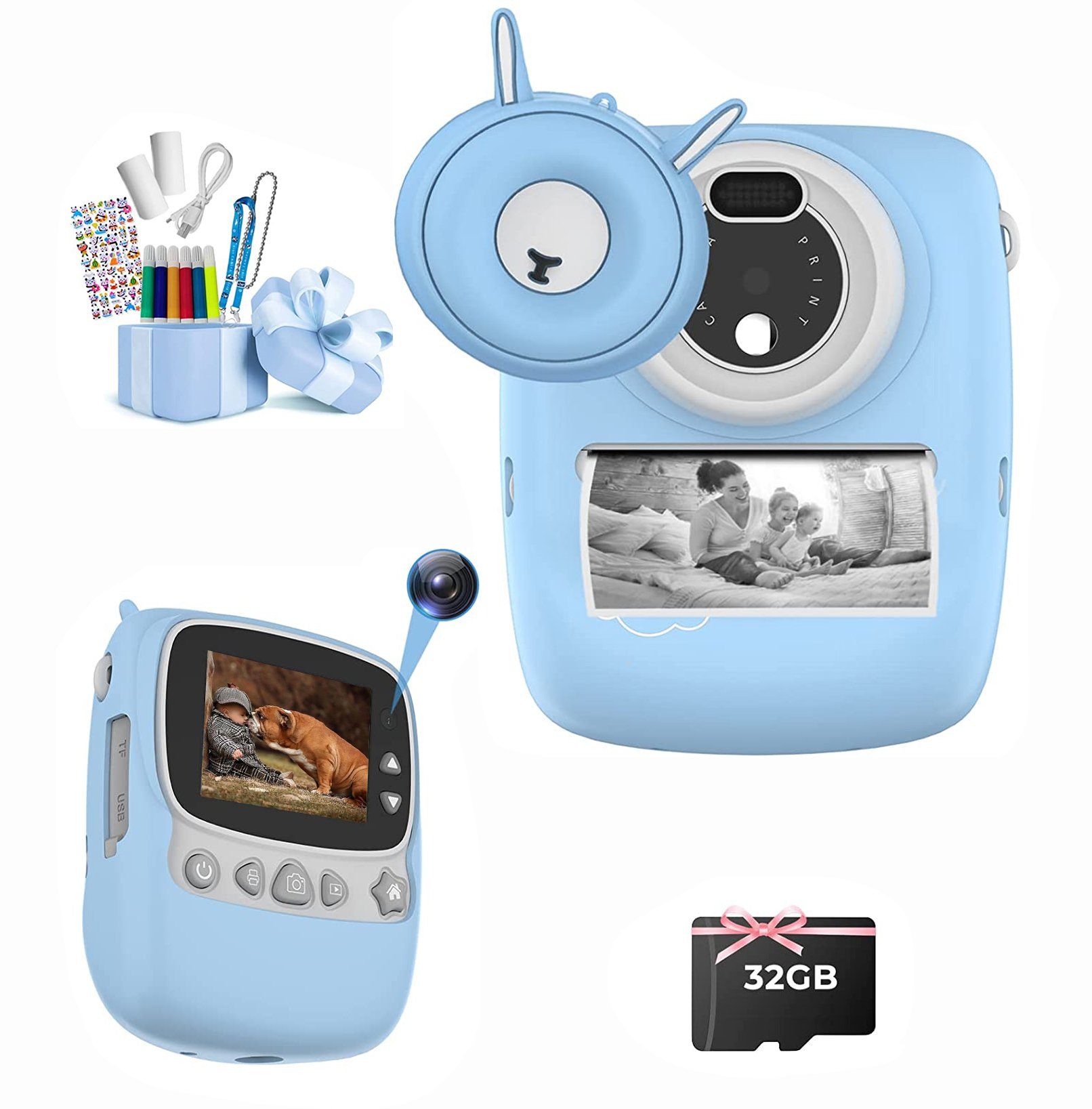 Fine Life Pro Kinder-Sofortbildkamera, 30MP 1080P, schwarz-weiß Druck, Kinderkamera (30 MP, 2,4 Zoll Display, 32GB Speicher, Dual-Kamera, blaues Geschenkidee)