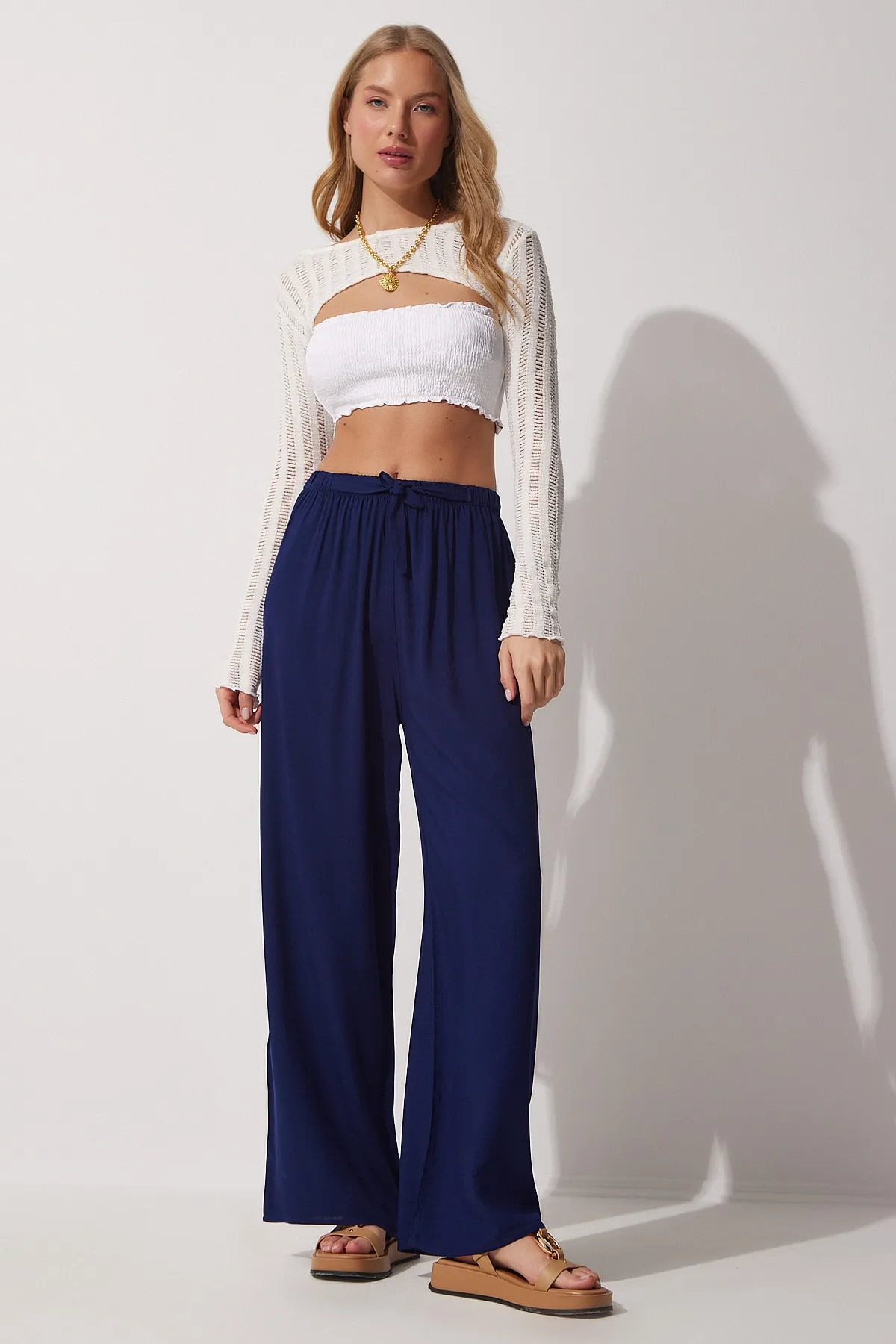 Happiness İstanbul  Marineblaue Palazzo-Viskosehose für Damen BH00322
