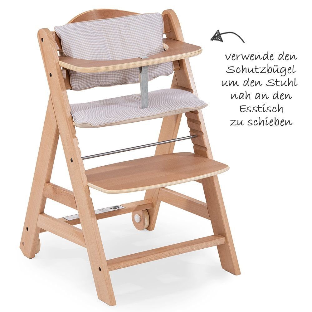 Hauck Hochstuhl Beta Plus - Natur Check (3 St), Mitwachsender Holz Kinderhochstuhl mit Essbrett, Sitzauflage & Rollen