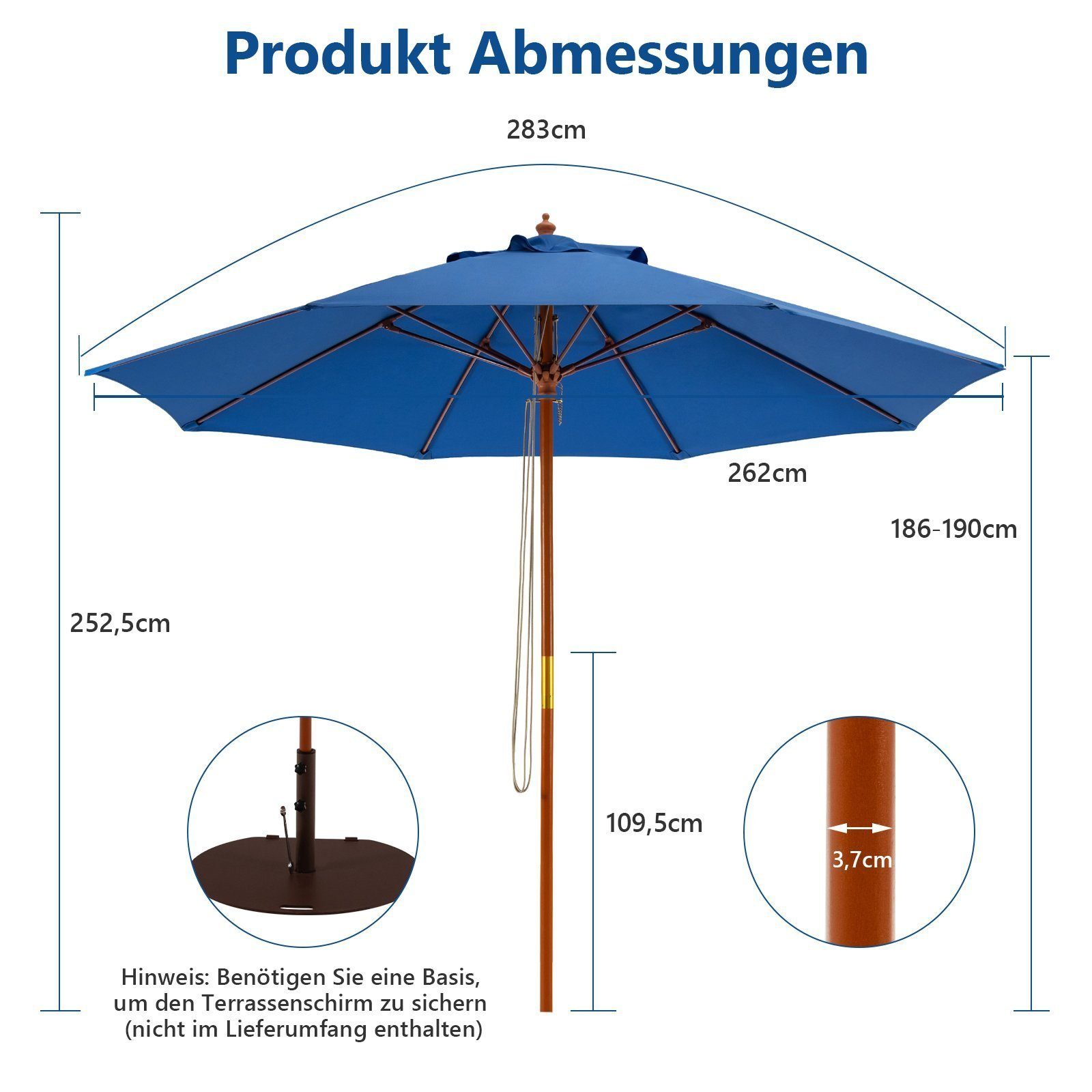 KOMFOTTEU Sonnenschirm Höhenverstellbarer Gartenschirm 260 cm, Holz