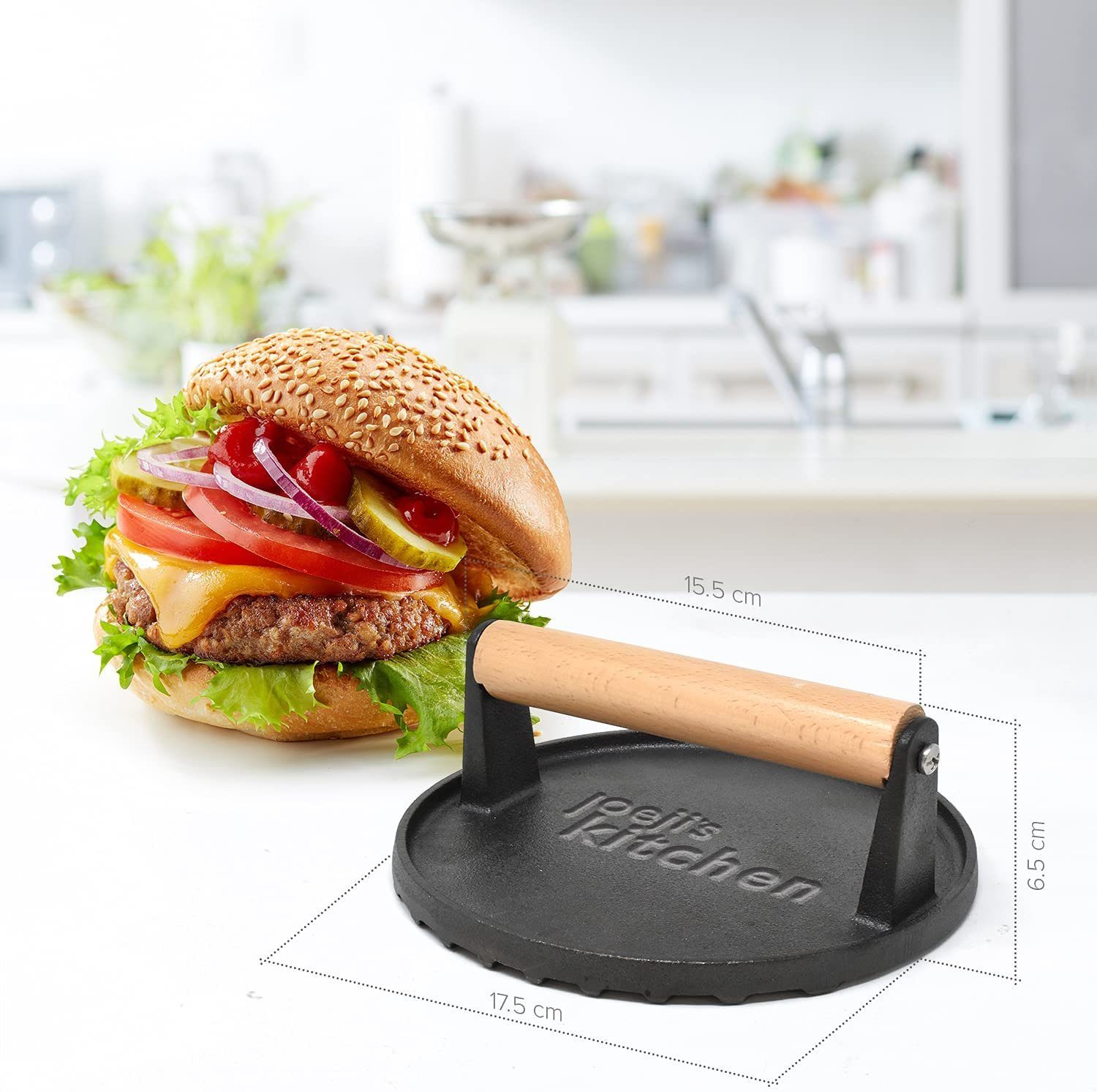 JOEJI’S KITCHEN Burgerpresse Antihaft Gusseisen für perfekte Hamburgerpresse Cool-Touch-Holzgriff, Eisen