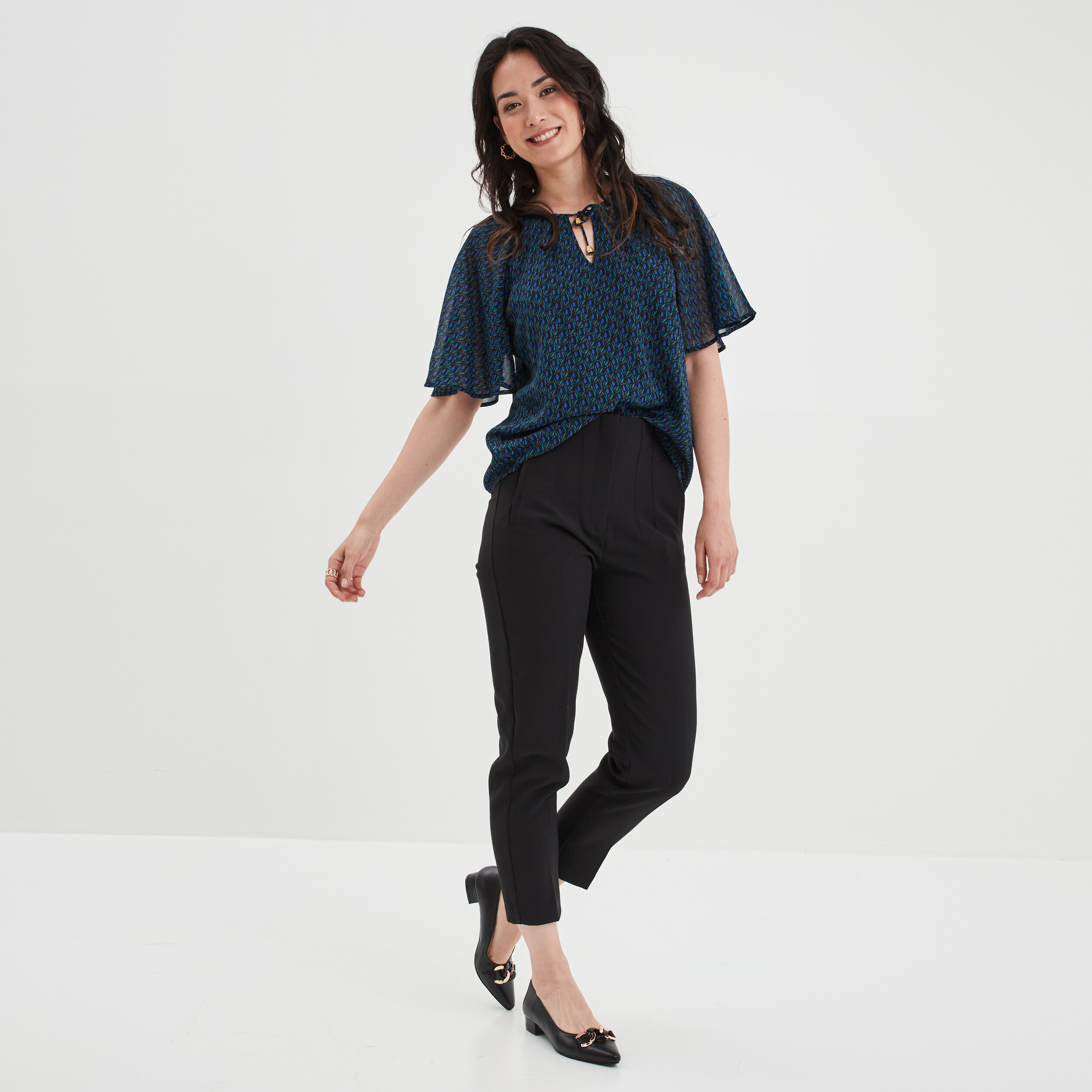 Blouse col tunisien avec cordons bleu marine femme | La Halle
