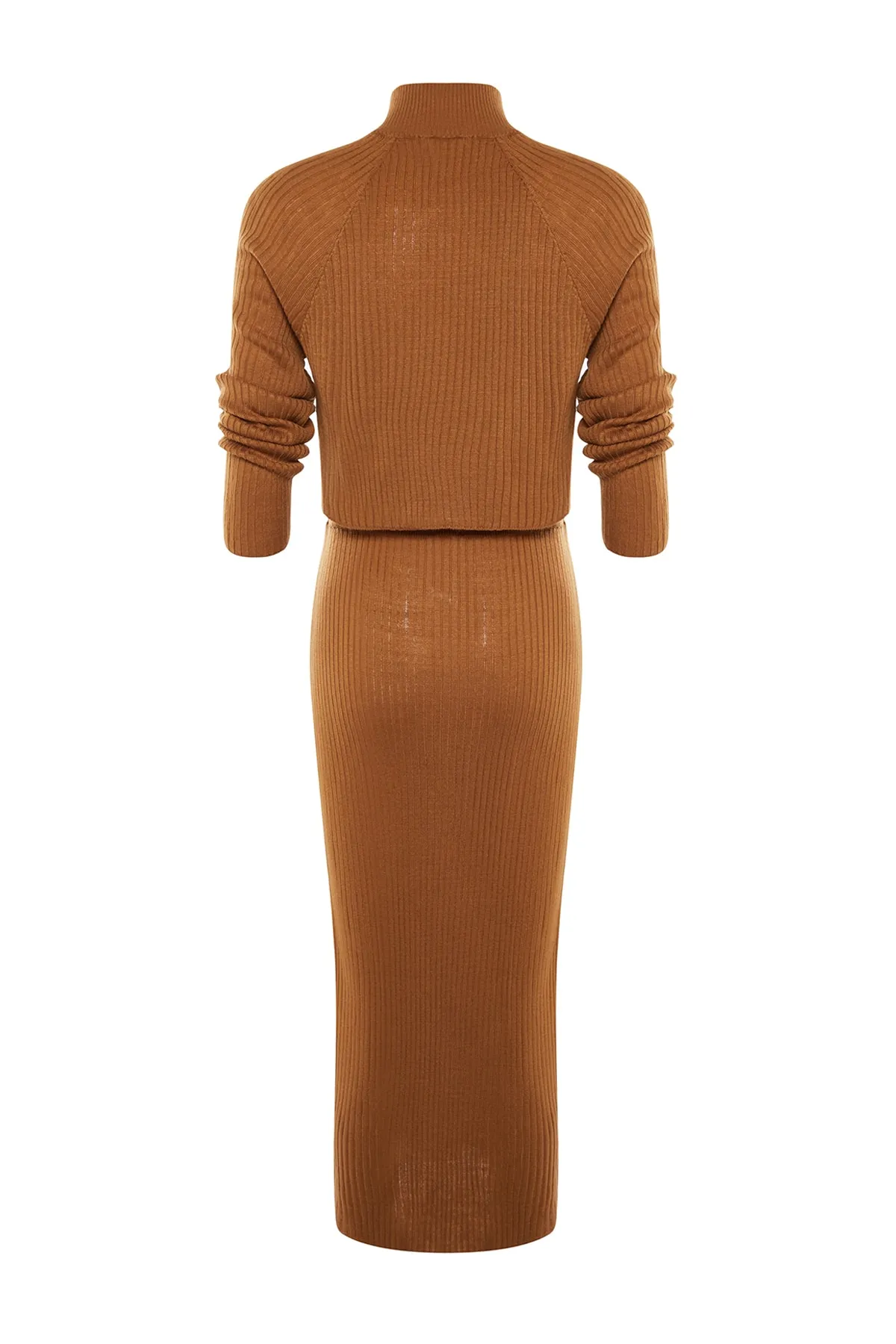 Trendyol Collection  Braunes, kurzes Basic-Set aus Strickoberteil und -unterteil mit Rock TWOAW23AU00170
