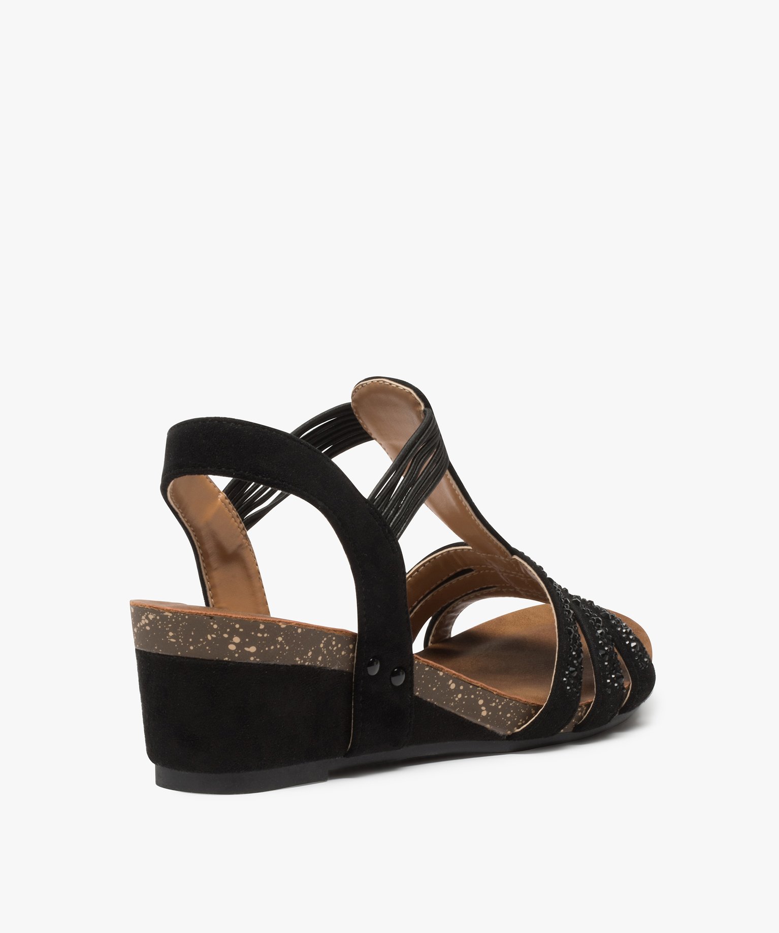 Sandales femme compensées à brides strass élastiquées noir | GEMO