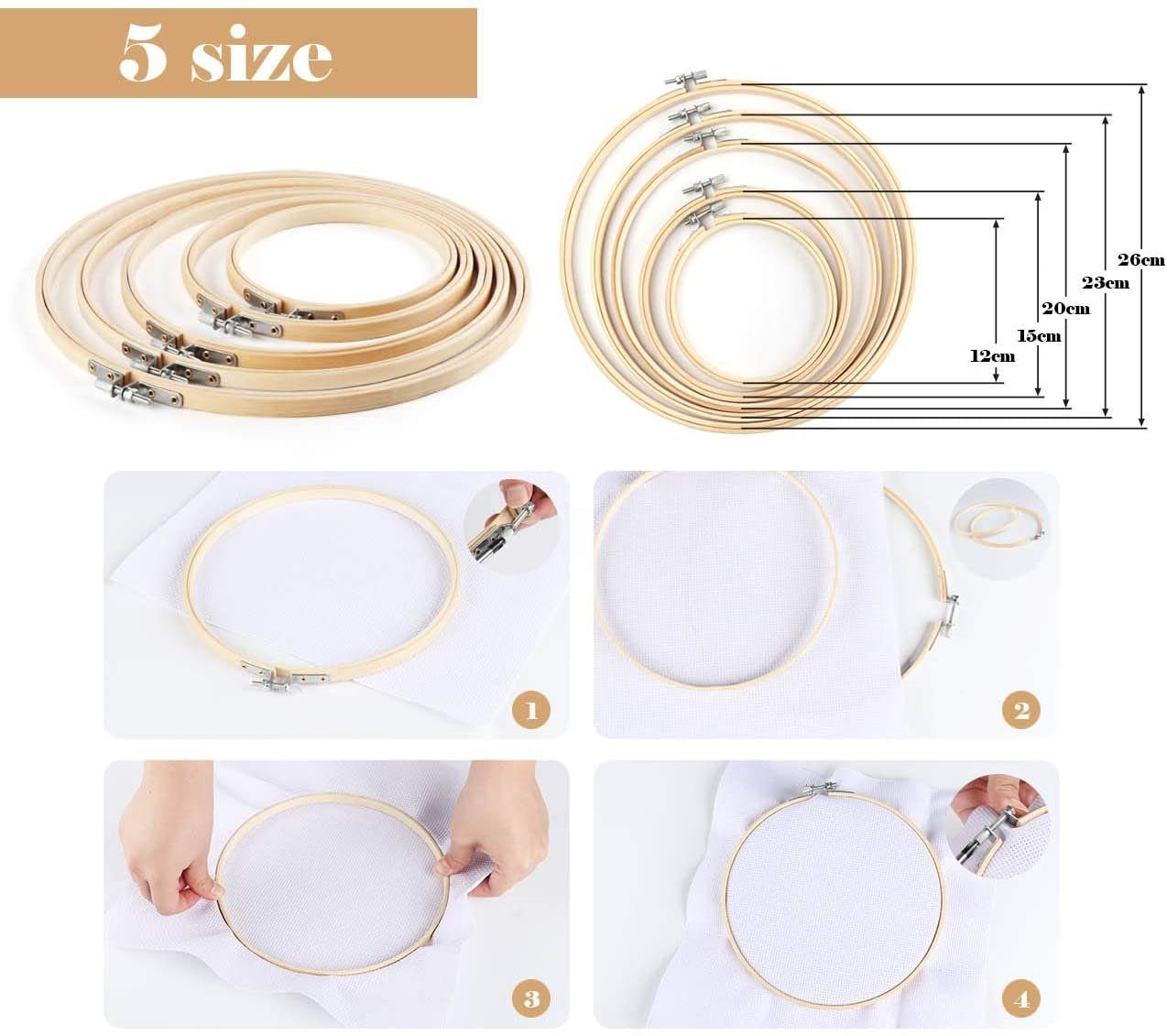 Homewit Stickerei Starter Nähnadeln Set Kreuzstich Tool Basteln Crafts Floss Bastelgarn, (100-St), 100 Farbfäden, 2 Tuch, 5 Bambus Stickrahmen