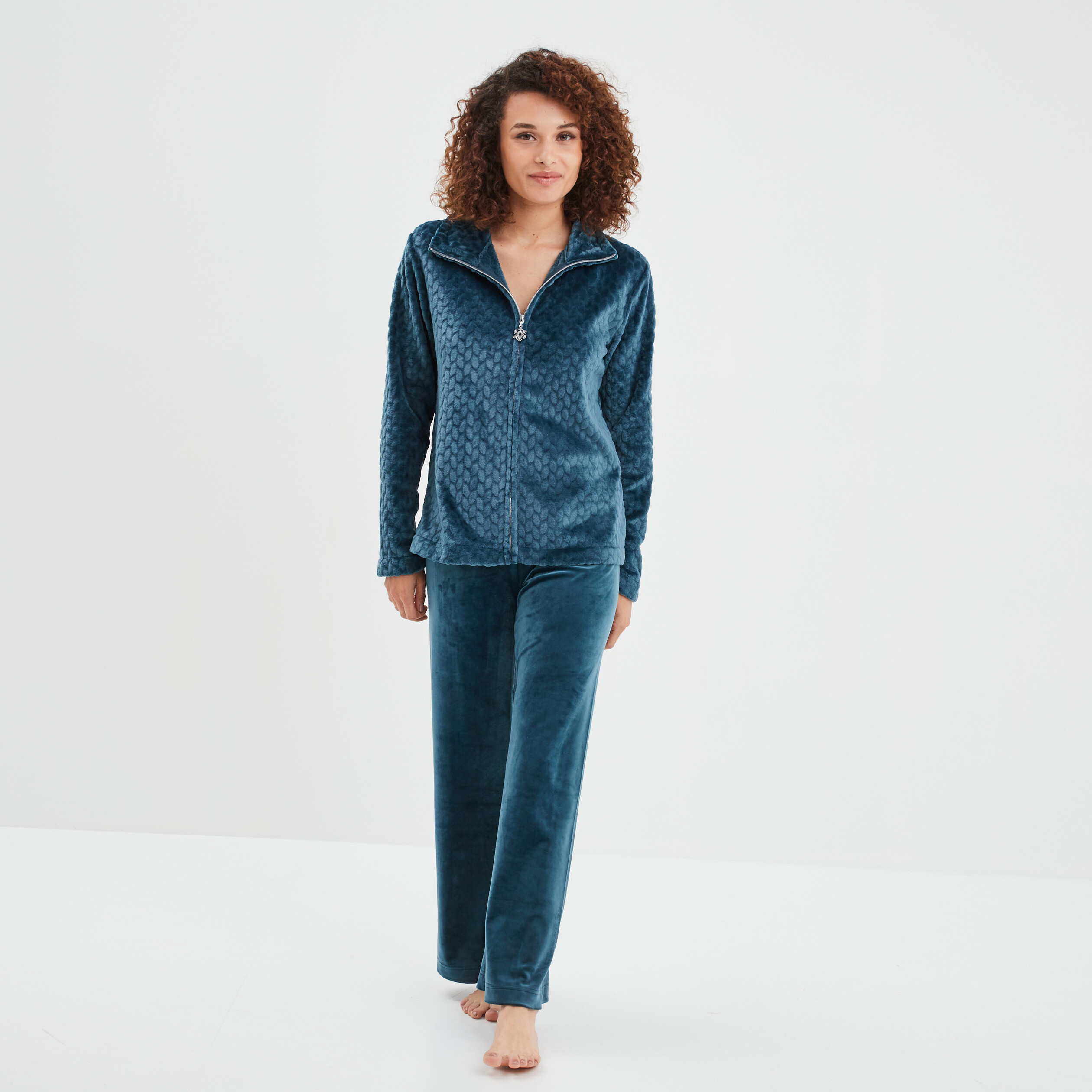 Veste pyjama pilou zippée col montant bleu canard femme | La Halle