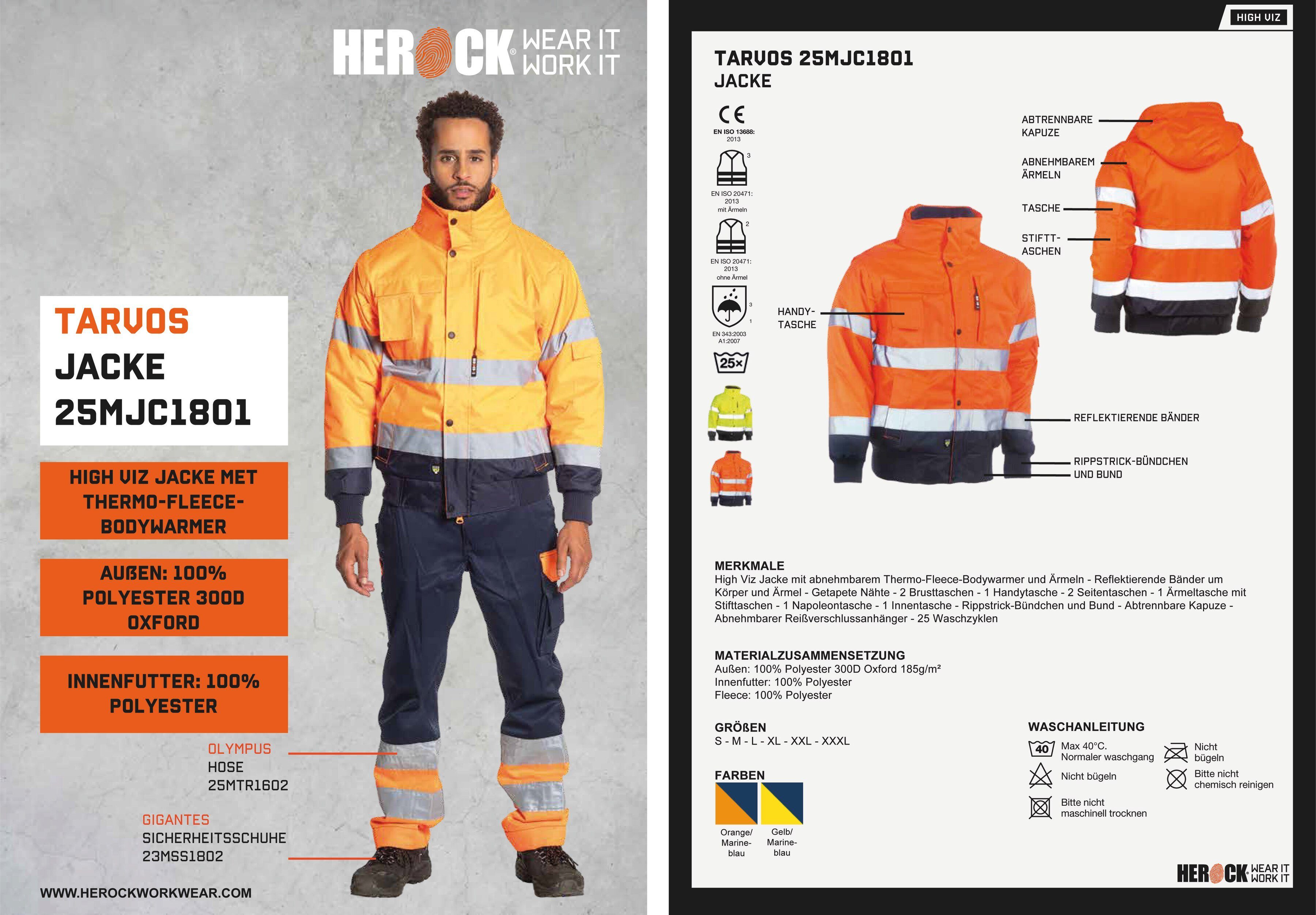 Herock Arbeitsjacke Tarvos HIGH VIZ Mit herausehmbarem Fleece-Bodywarmer und abnehmbaren Ärmeln und Kapuze