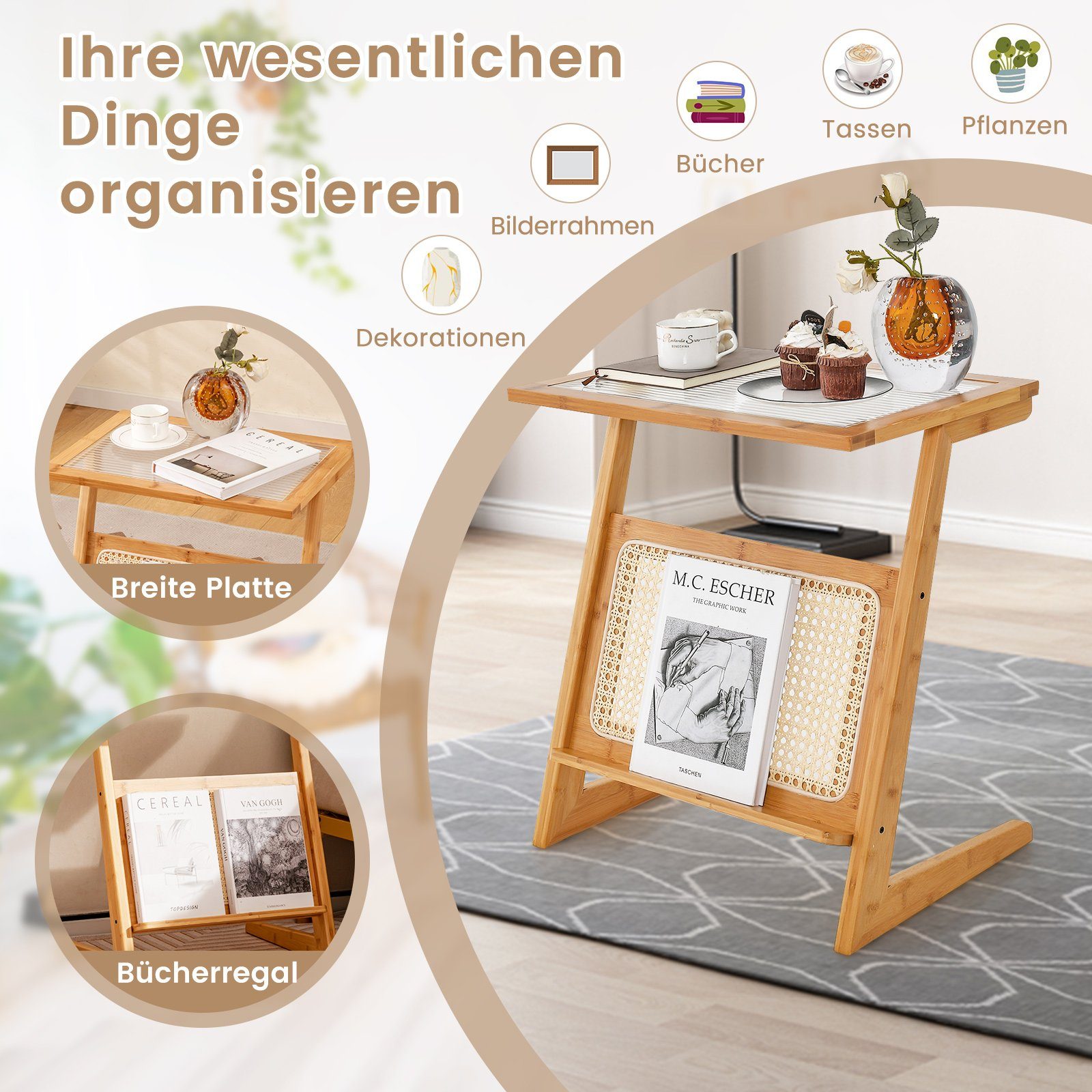 COSTWAY Beistelltisch, Bambus, Z-förmig, mit Rattan-Ablage & Glasplatte, Natur