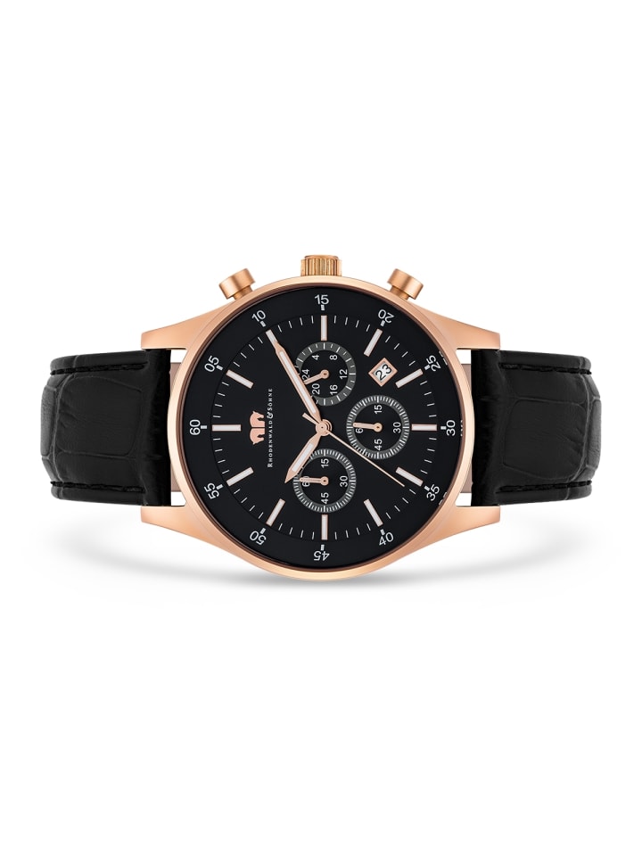 Rhodenwald & Söhne Herren Chronograph roségold Echtleder schwarz in schwarz günstig kaufen 21,5 cm