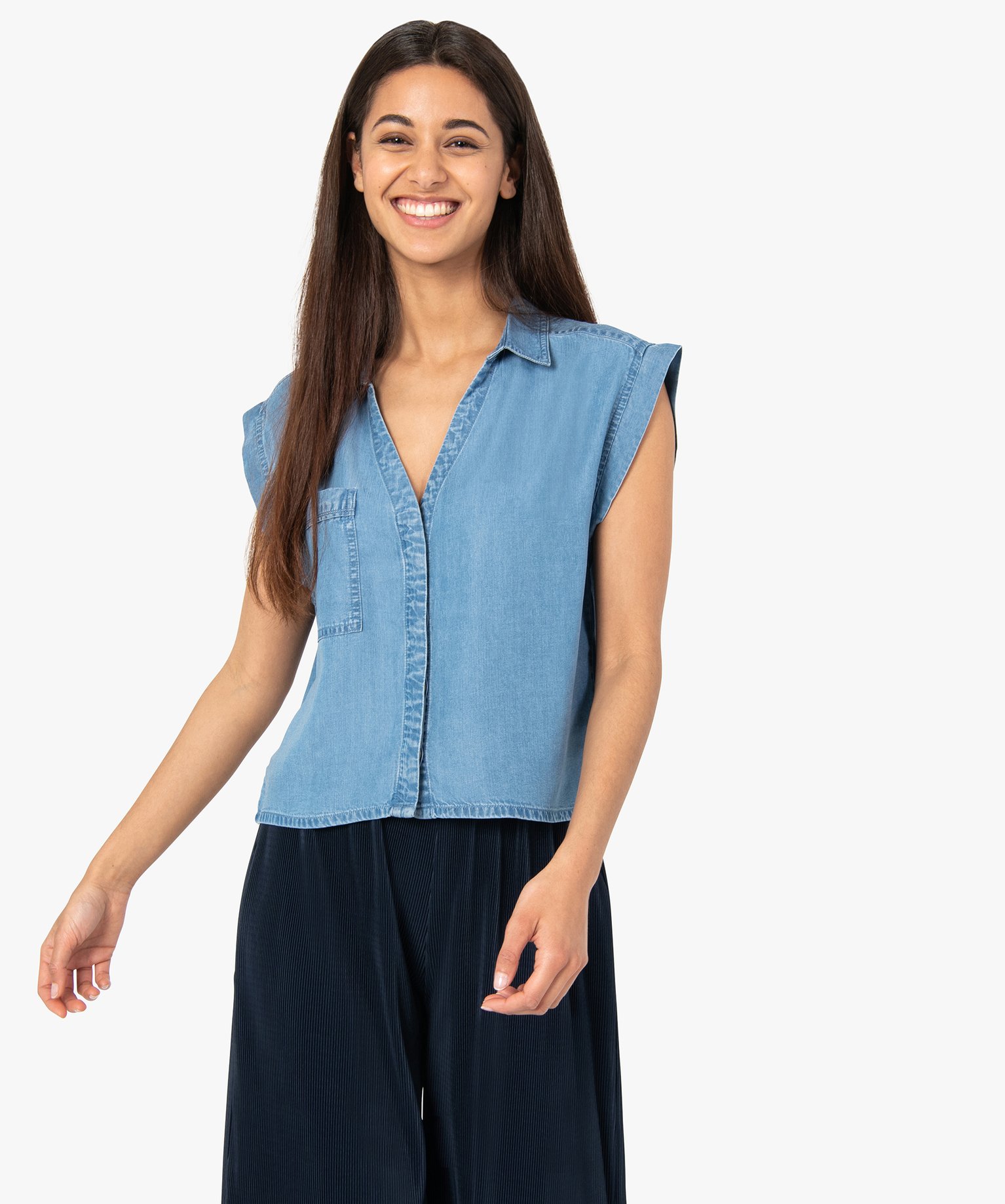 Chemise femme courte sans manches en Lyocell denim | GEMO