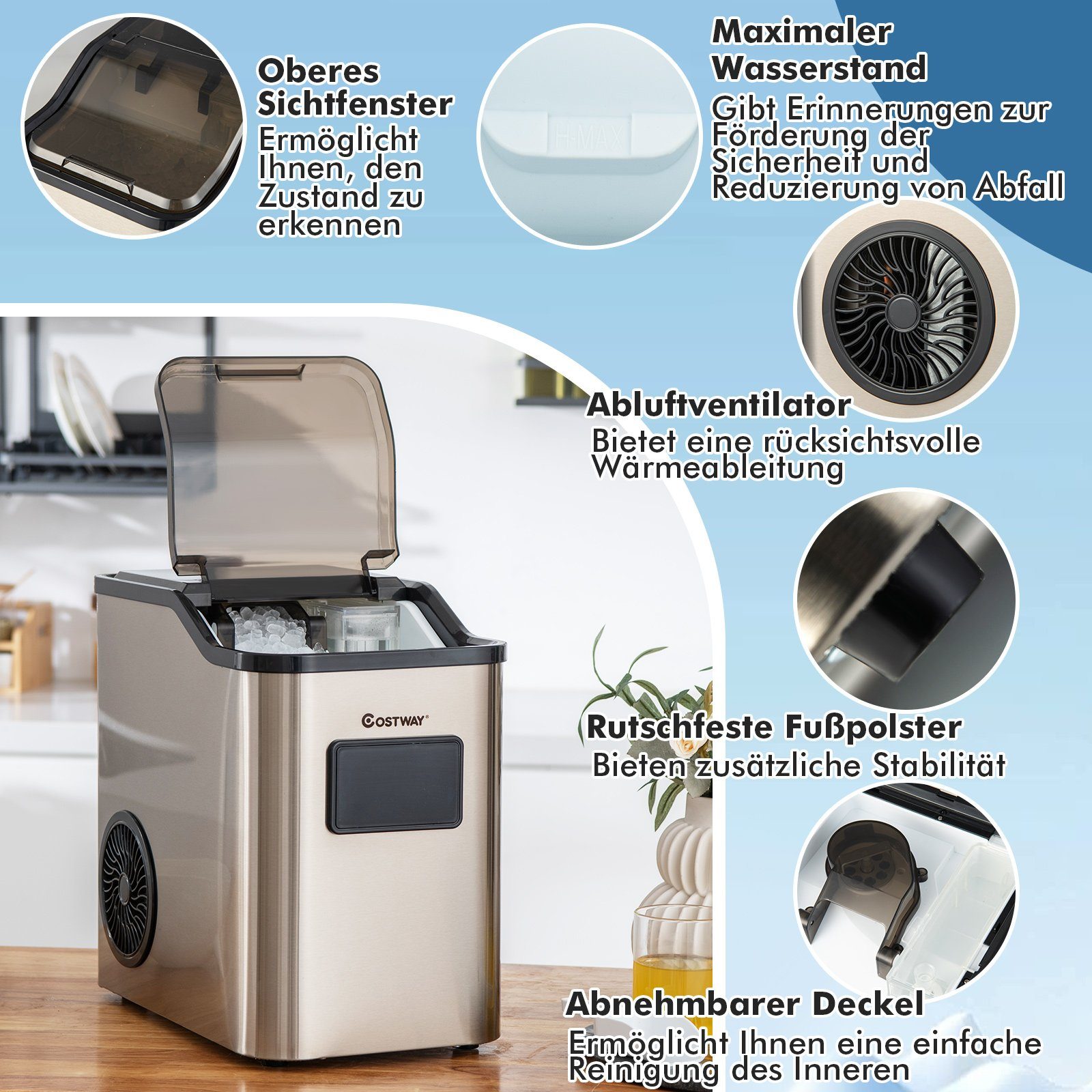 COSTWAY Eiswürfelmaschine, 24kg/Tag inkl. Schaufel, Selbstreinigungsfunktion