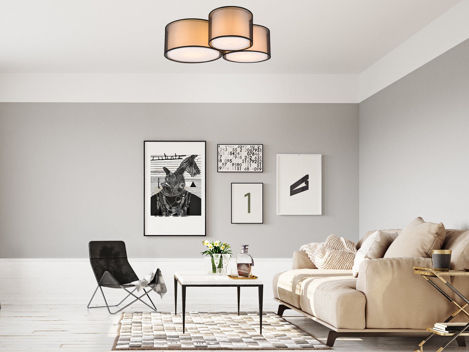 meineWunschleuchte LED Deckenleuchte, LED wechselbar, Warmweiß, Groß-e Design-er Lampe mit 3x Stoff Lampen-schirm für Treppenhaus 65cm