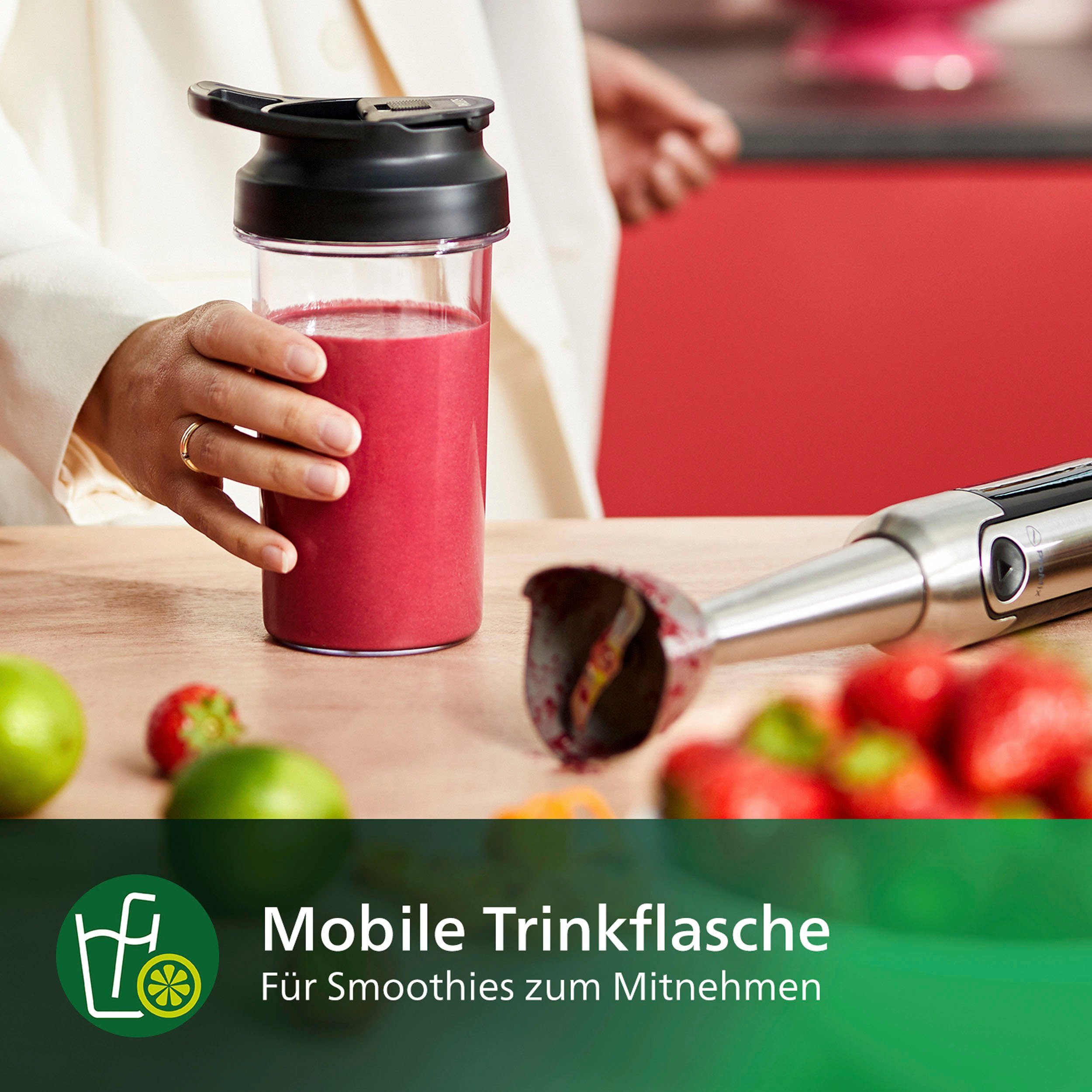 Philips Stabmixer HR2657/90 Viva, 800 W, inkl. 2-in-1 Togo Trinkflasche, Spiralschneider, Schneebesenaufsatz