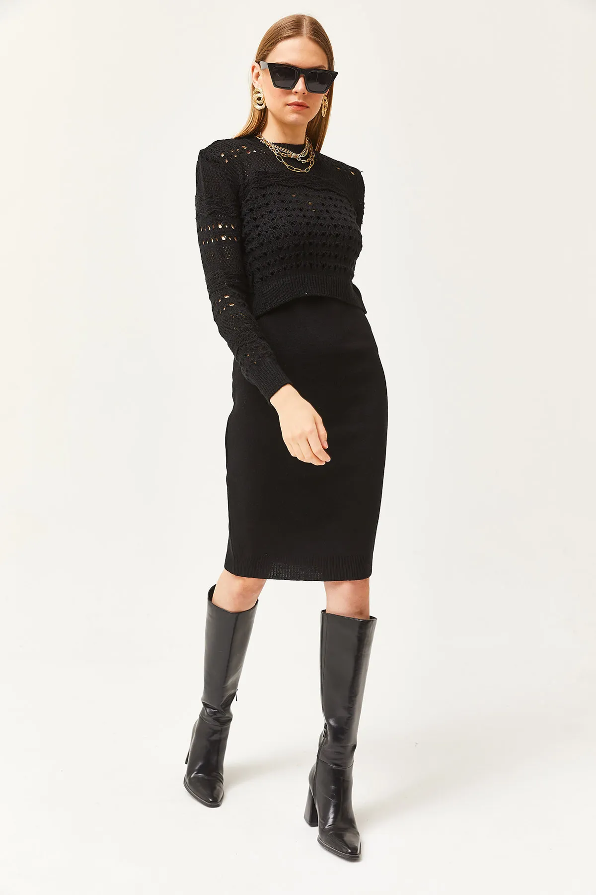 Olalook  Schwarzes Strickkleid mit dünnen Trägern und durchbrochenem Pullover-Set für Damen TKM-19000241