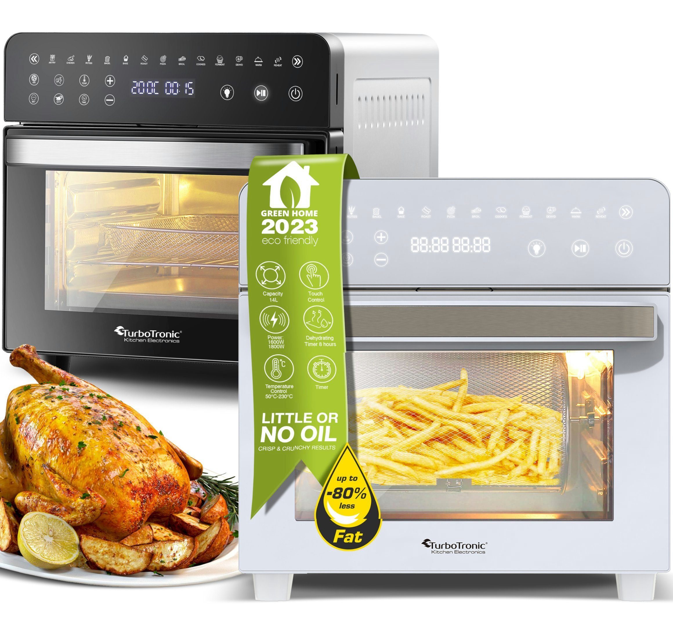 TurboTronic by Z-Line Minibackofen Digitaler XXL Power Airfryer 14 Liter Pommes Korb ab 50°C Heißluftofen, mit Drehspieß für Hähnchen, Konvektionsofen