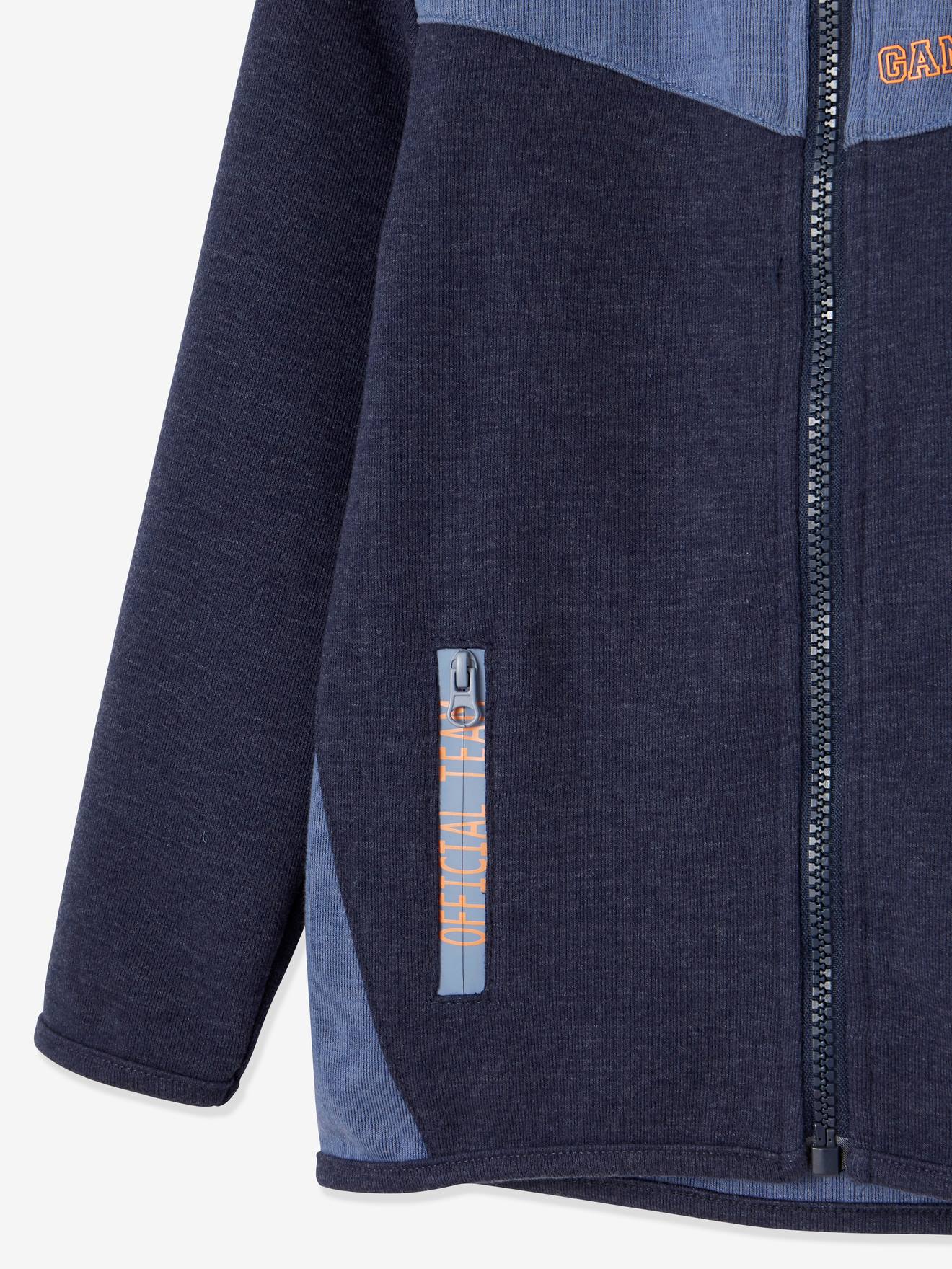 Sweat zippé sport garçon matière technique inscriptions graphiques bleu