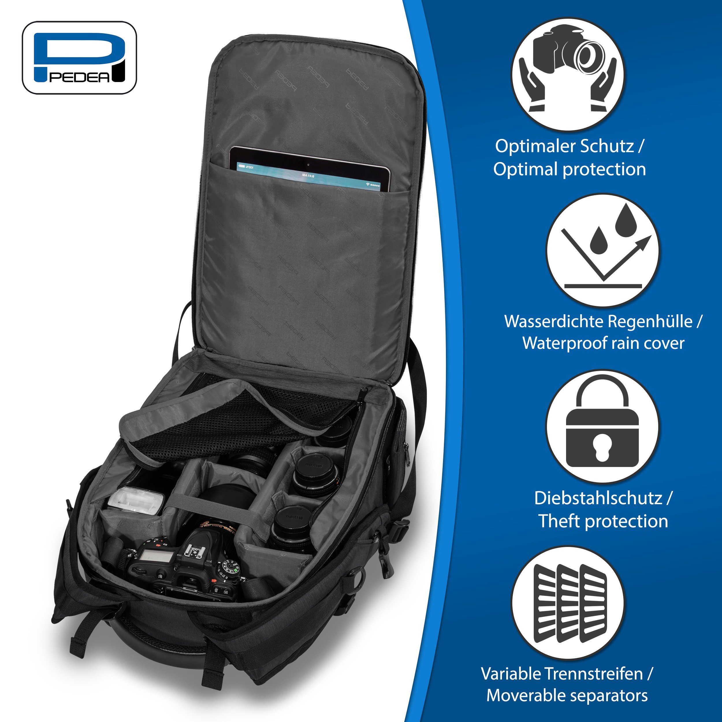 PEDEA Fotorucksack NOBLE, mit wasserdichtem Regenschutz, variabler Inneneinteilung, viel Stauraum, weich gepolstertes