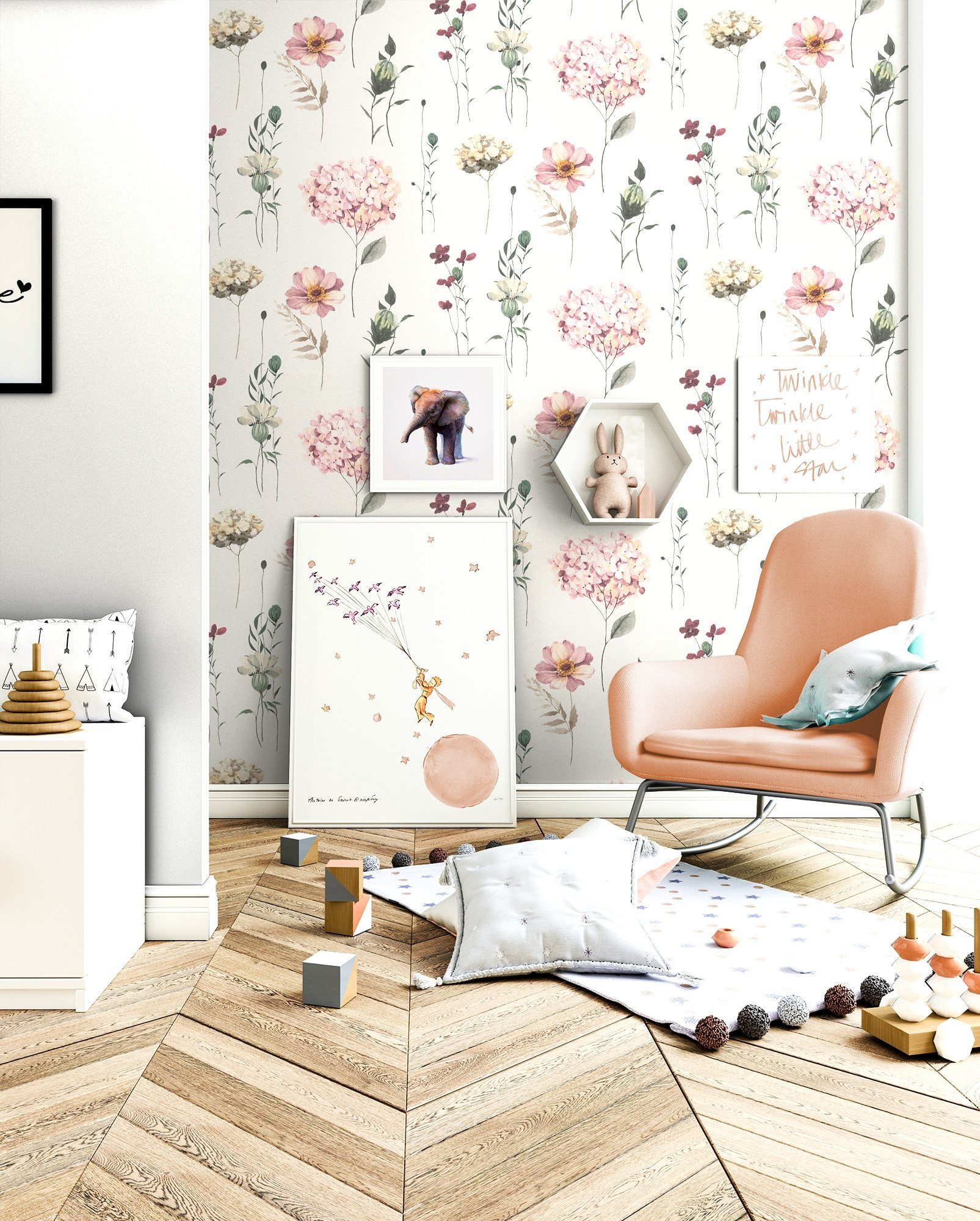 Newroom Vliestapete, Rosa Tapete Kinder Blumen - Kindertapete Jugendtapete Rose Grau Verspielt Blüten Hortensien für Kinderzimmer Jugendzimmer Babyzimmer