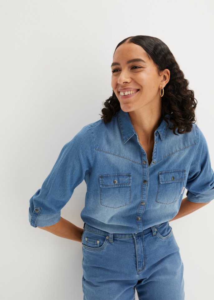 Jeansbluse mit Druckknöpfen, Langarm
