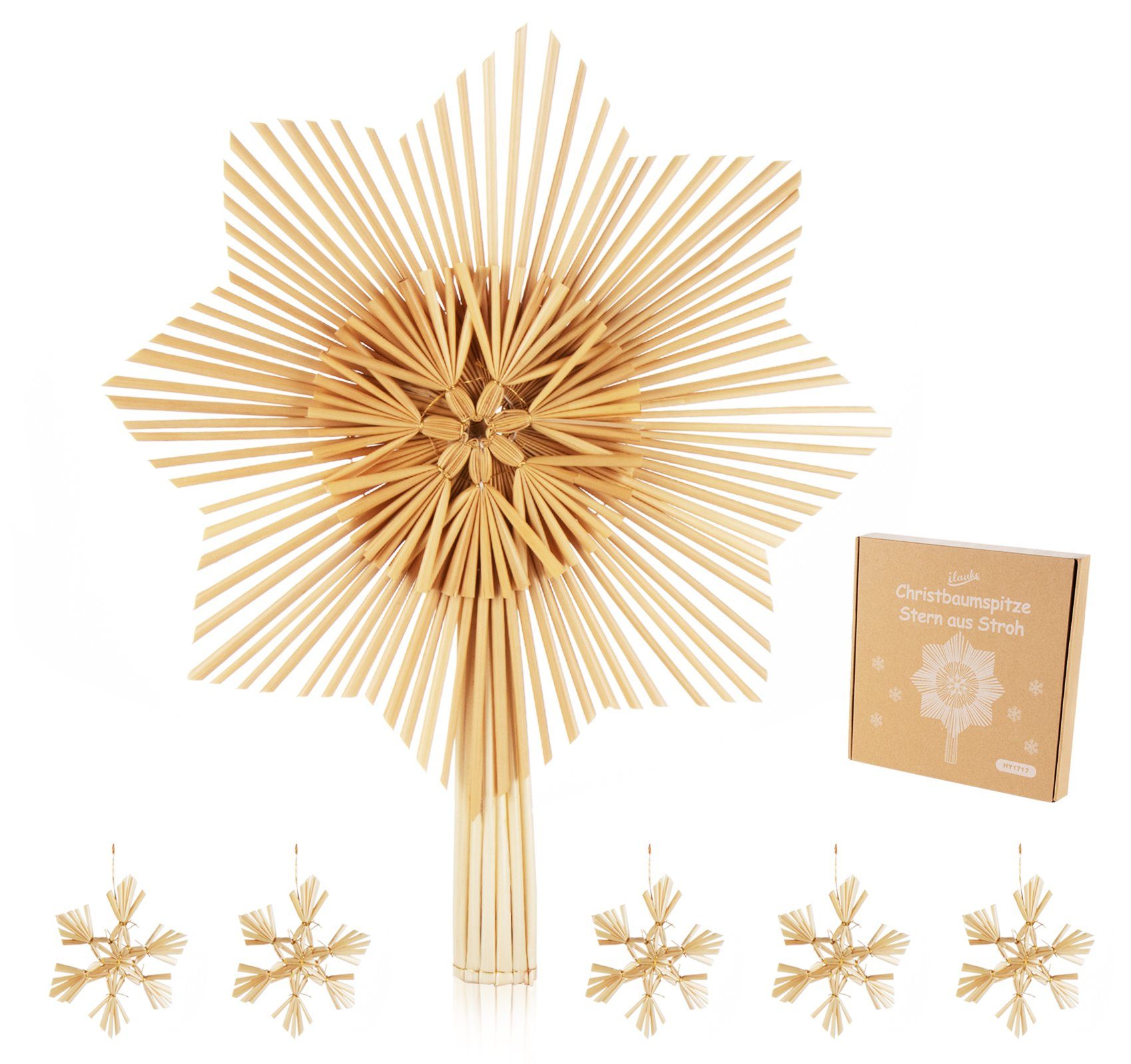 Homewit Christbaumschmuck Weihnachtsbaumspitze Natürlicher Christbaumspitze Stern aus Stroh (6-tlg), Schmuck Strohstern-Spitze für den Weihnachtsbaum Christbaum