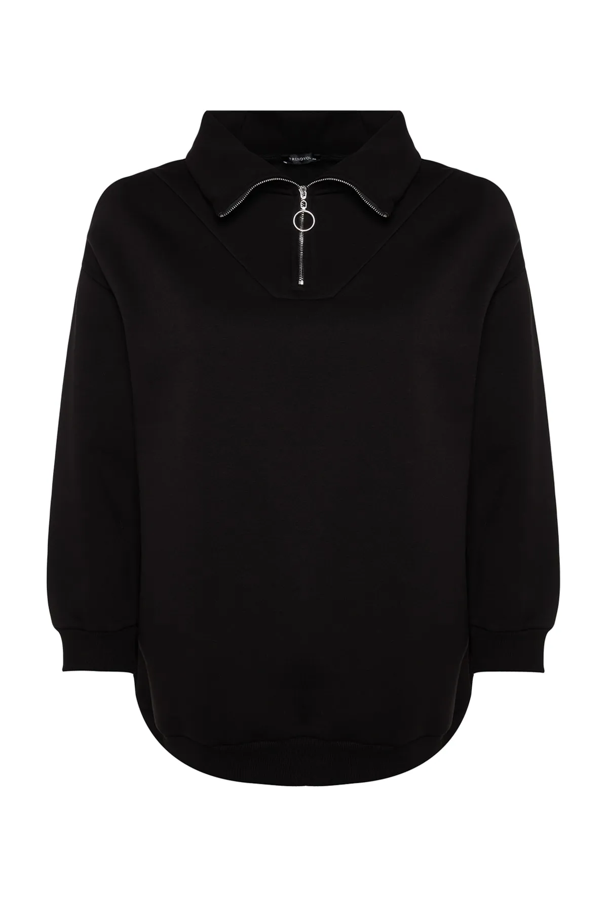Trendyol Curve  Schwarzes, dickes Fleece-Innenseite-Strick-Sweatshirt mit Reißverschluss TBBAW24AO00017