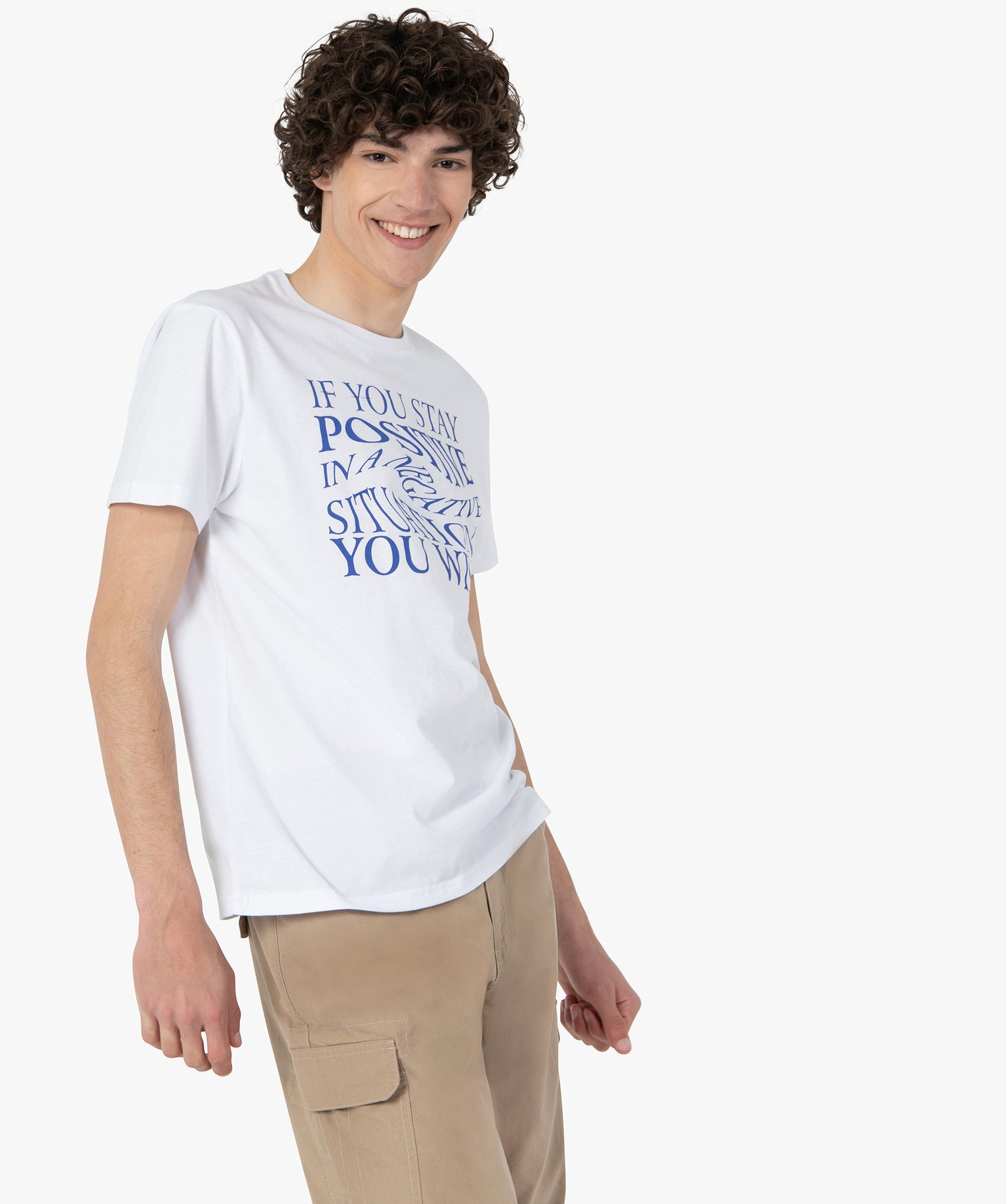 Tee-shirt homme à manches courtes avec inscription positive blanc | GEMO