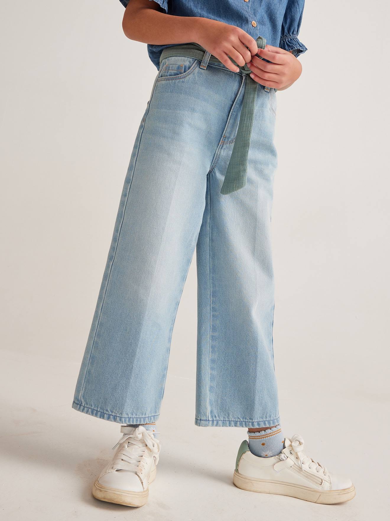 Vertbaudet Weite Mädchen 7/8-Jeans mit Gürtel - double stone