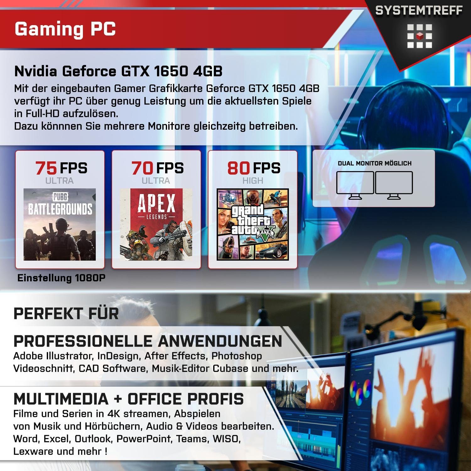 SYSTEMTREFF Gaming-PC (Intel Core i5 10400F, GeForce GTX 1650, 16 GB RAM, 512 GB SSD, Luftkühlung, Windows 11, WLAN)