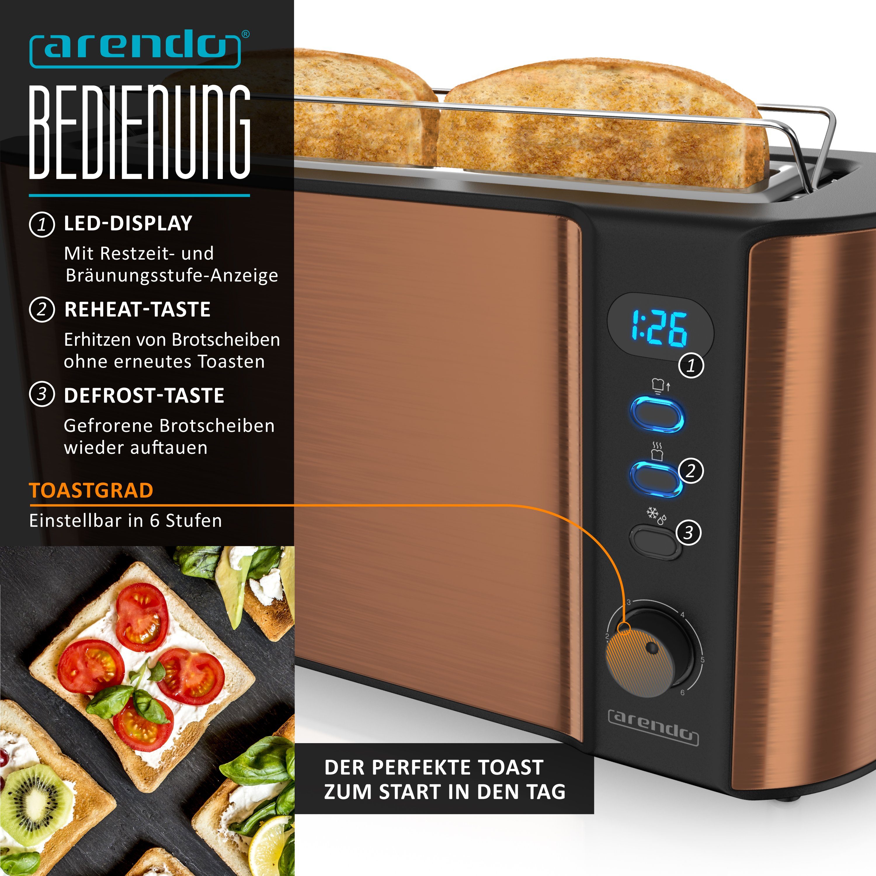 Arendo Frühstücks-Set (2-tlg), Edelstahl Wasserkocher 1,5l, 2-Scheiben Langschlitz Toaster, Kupfer