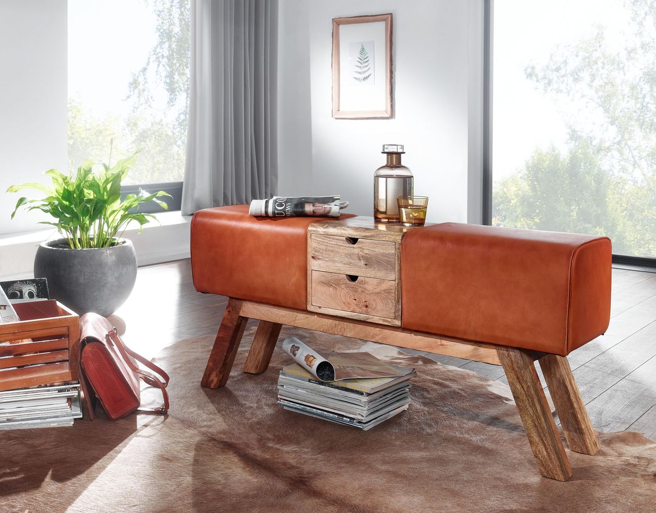 Wohnling Sitzbank 120x30x56 cm Holz / Leder Braun