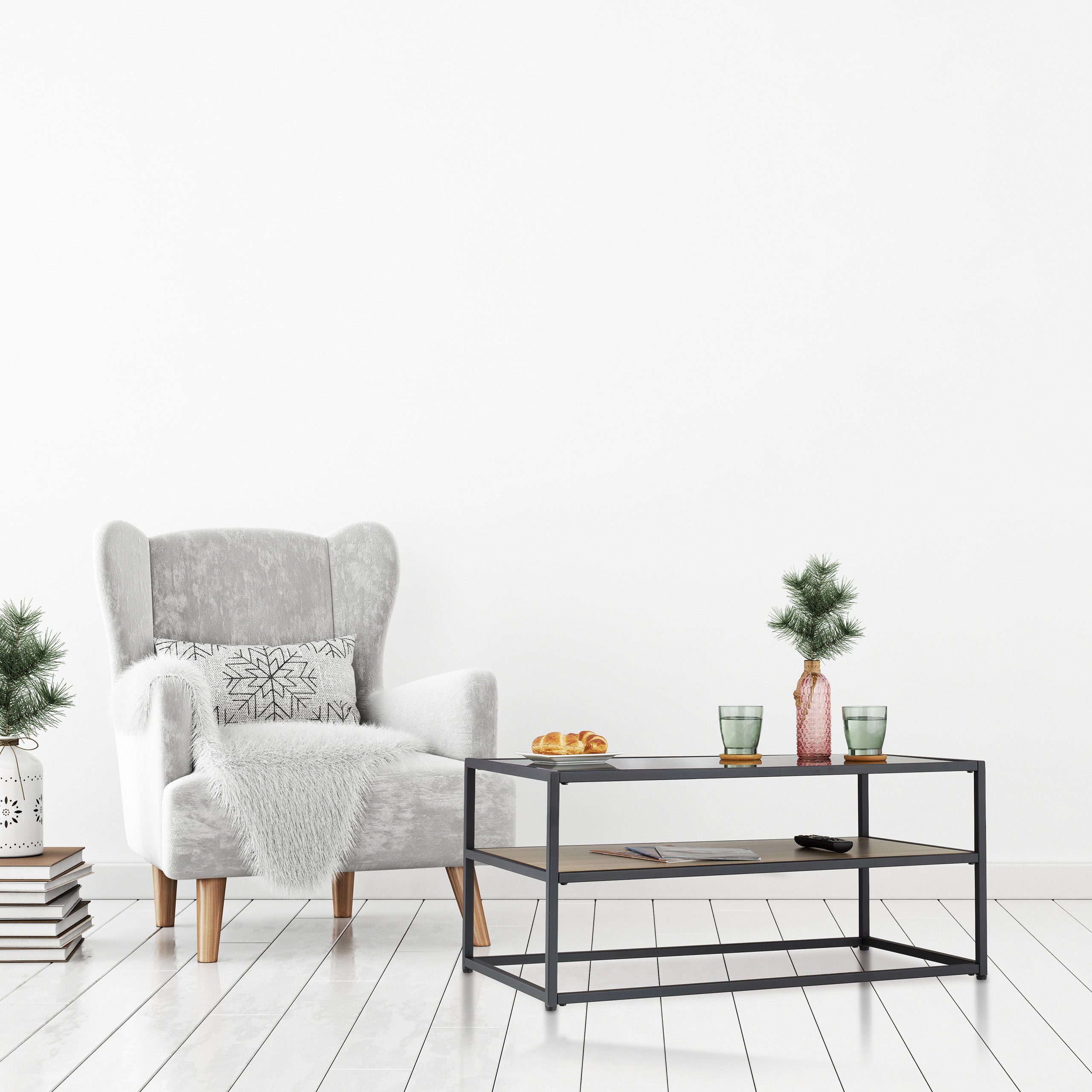 relaxdays Couchtisch Schwarzer Couchtisch mit Glasplatte