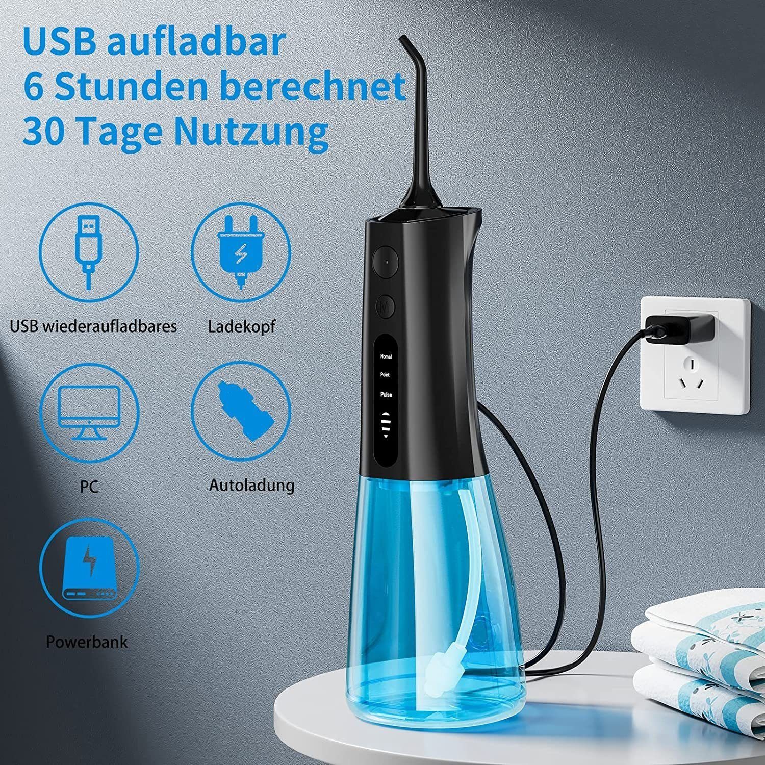 Yaviel Munddusche Elektrisch Flosser Waterfloss Mundpflegecenter Oral Zähne Irrigator, Kabellos 300ml Airfloss 4 Jet Nozzle 4 Intensitätsstufen Zahnspülung