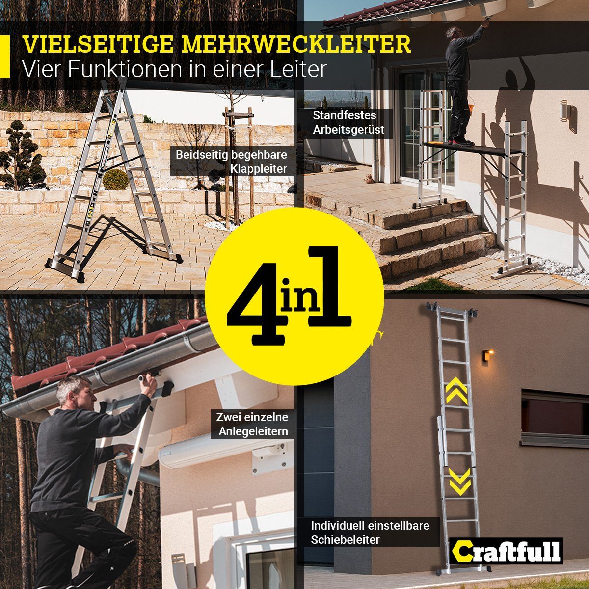Craftfull Arbeitsgerüst 4in1 Leitergerüst CF-103A - 3 J. Garantie - Mehrzweckleiter Aluminium, (1.68 m - 1.95 m - 150 kg Traglast - Alu Stehleiter bis 150 kg - Doppelhohlkehlenprofil - Anlegeleiter - Gelenkleiter - Stehleiter - Trittleiter - Wandleit