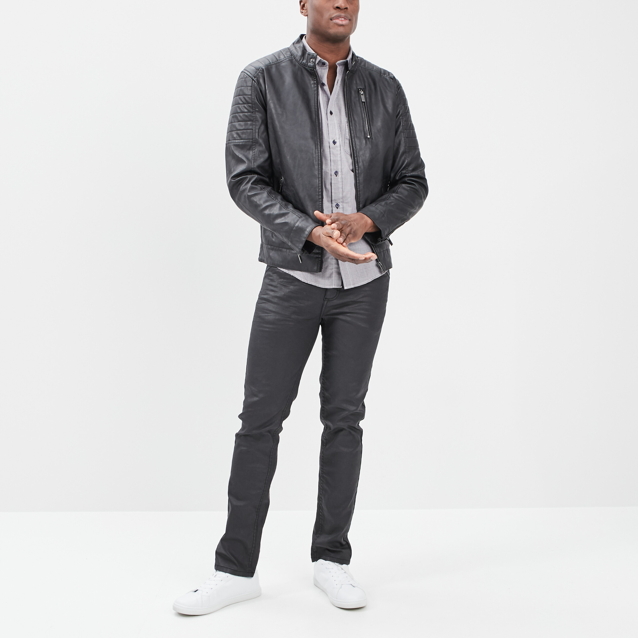 Blouson doublé droit biker à col montant noir homme | La Halle