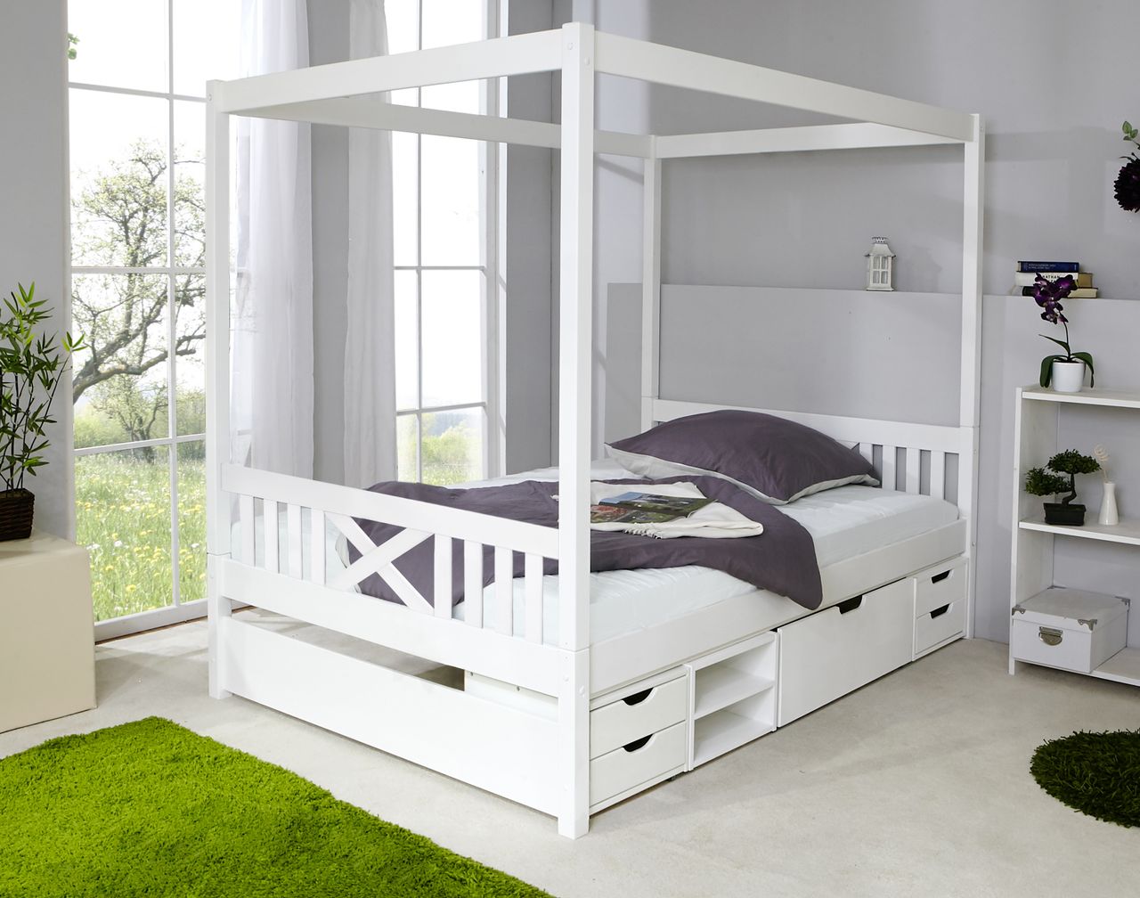 Ticaa Himmelbett Lino 140er weiß Var 2 - mit 4er Funktionsschubkasten -