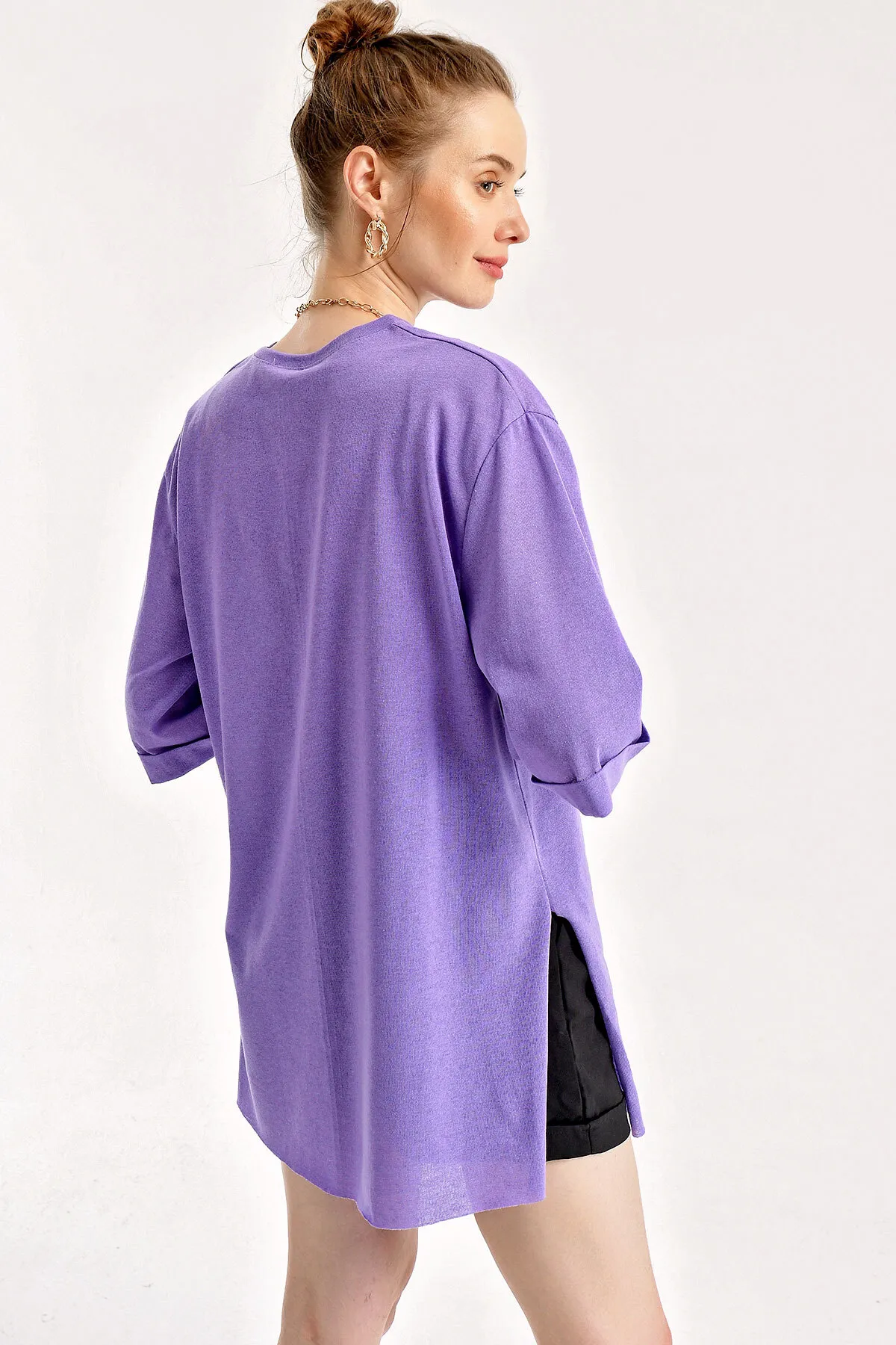 Bigdart  4123 Geschlitztes Oversize-T-Shirt – Lila