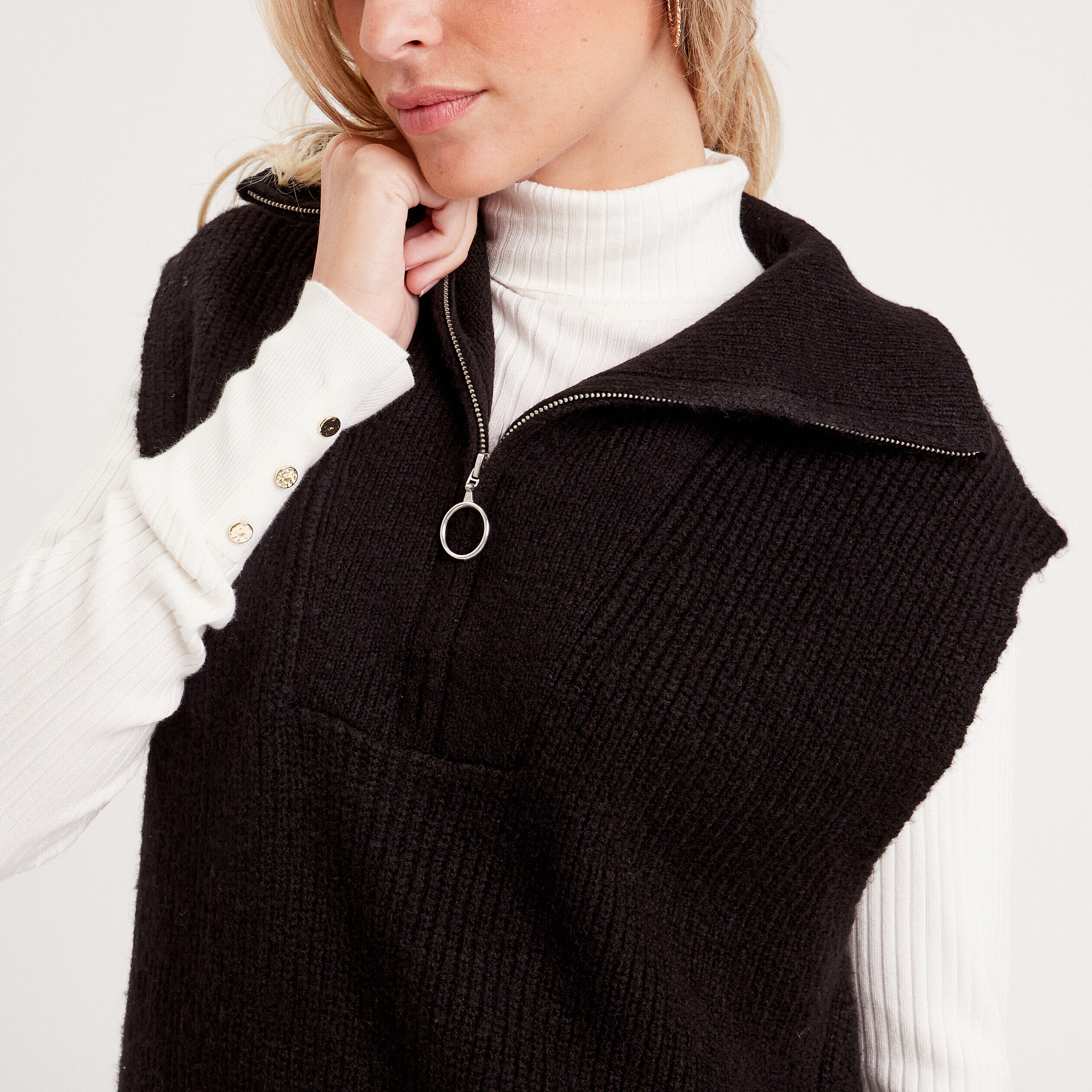 Pull col camionneur zippé noir femme | Cache Cache
