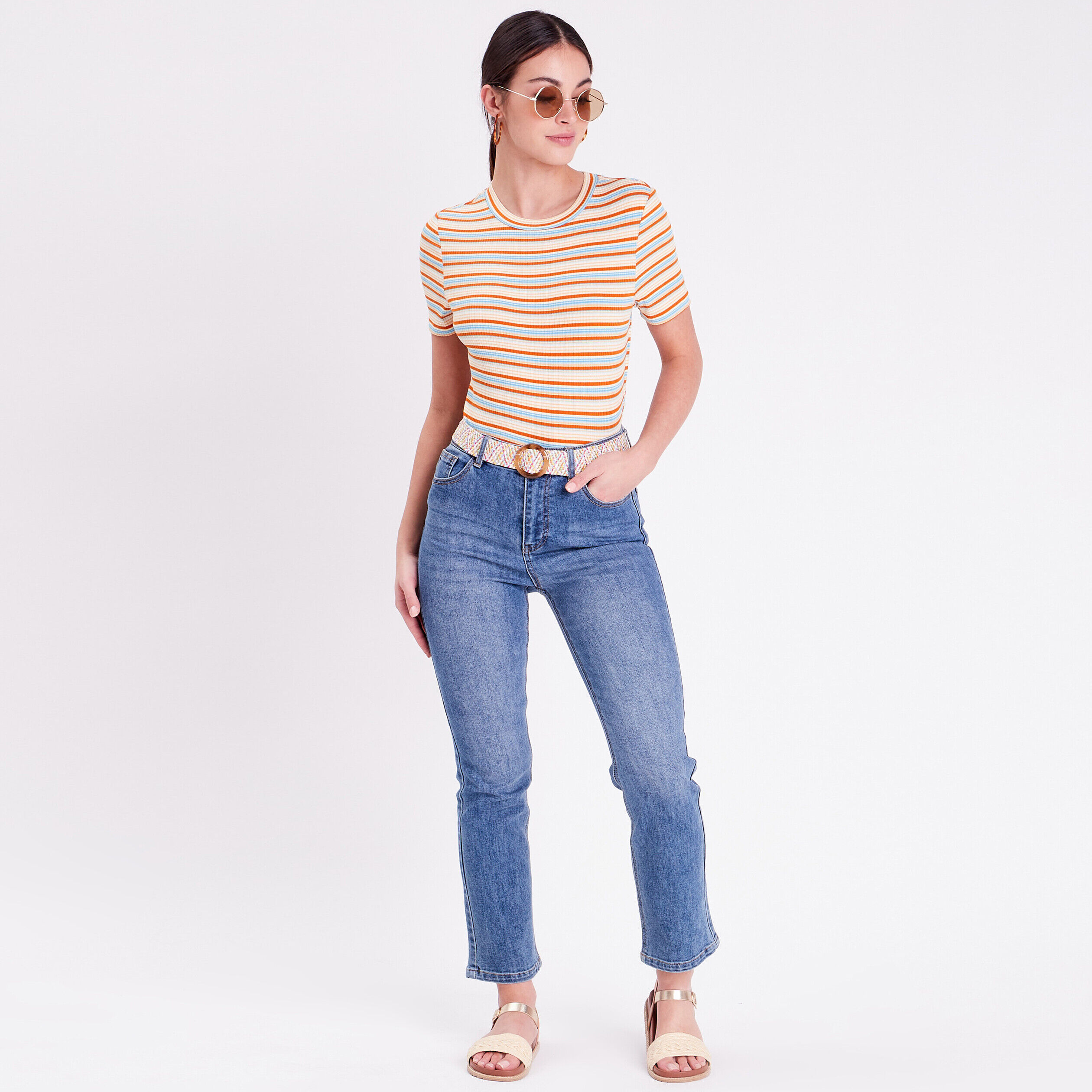 Jeans kick flare ceinturé denim double stone femme | Cache Cache