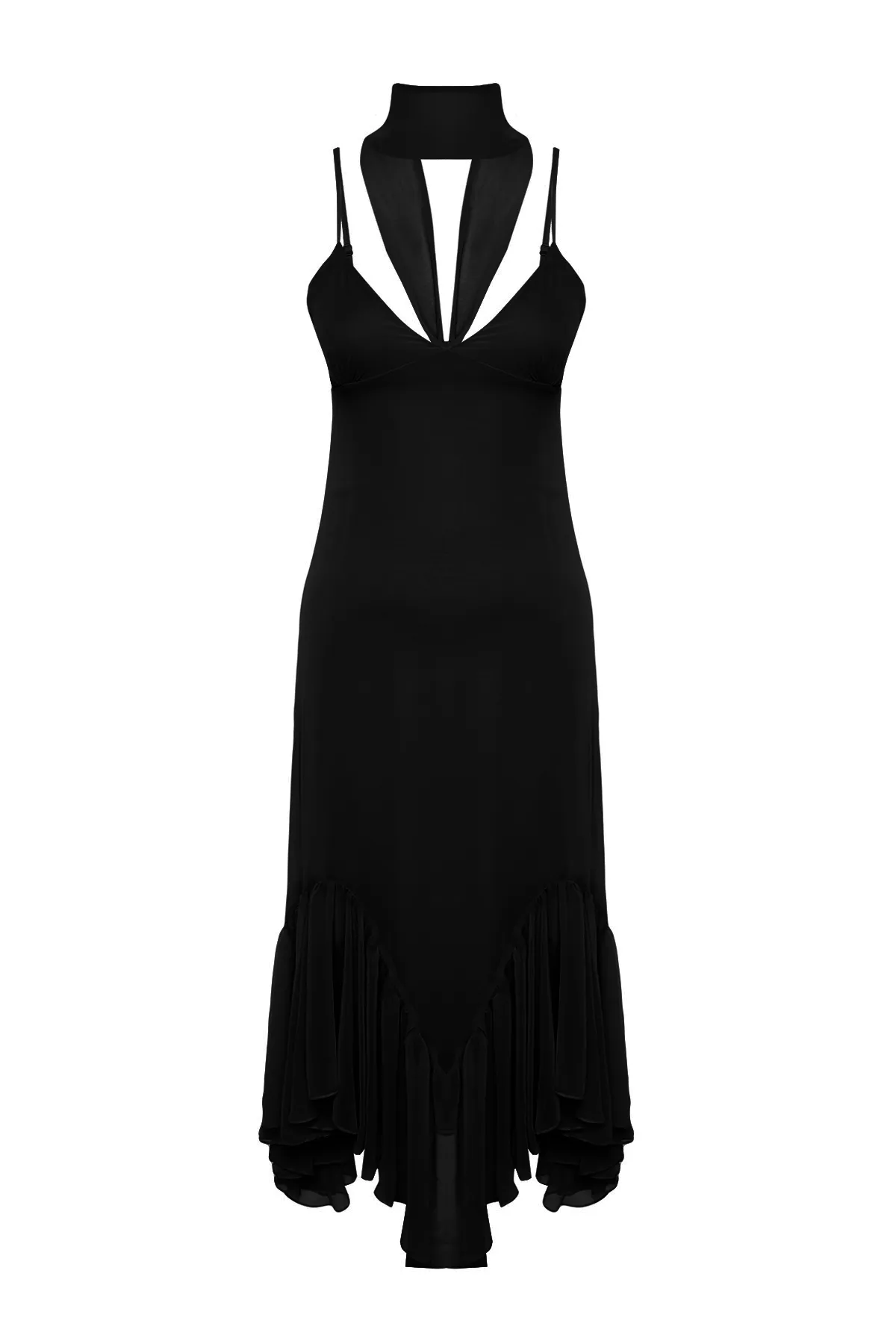 Trendyol Collection  Schwarzes Kleid mit Taillenöffnung/Skater-Rüschen TPRSS24EL00102