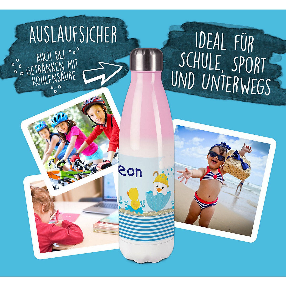 Edelstahl Kinder Thermoflasche / Trinkflasche bunt Ente Spülmaschinenfest, Auslaufsicher, Bruchfest, Doppelwandig, Für Heißgetränke geeignet, Mit Deckel, Isoliert