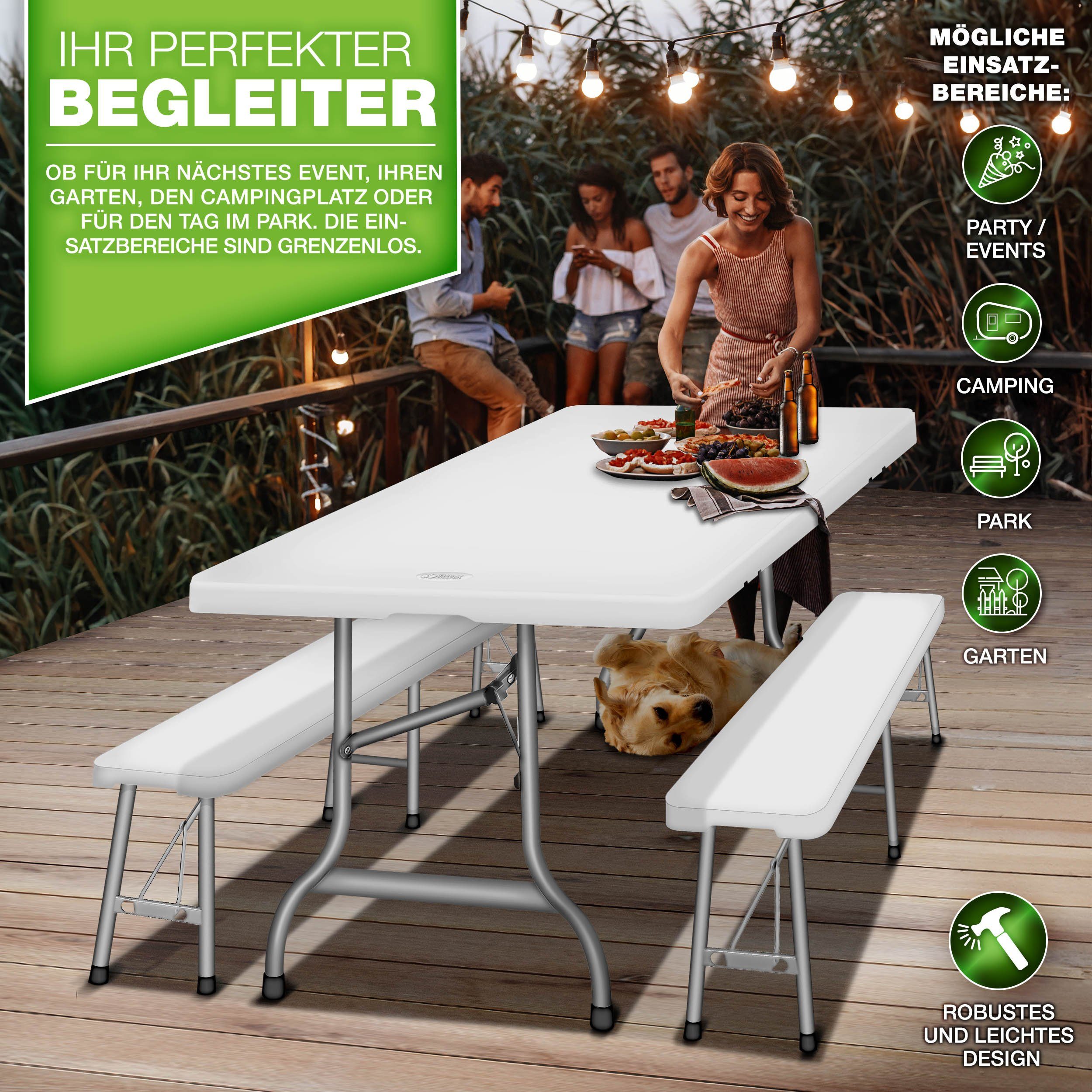tillvex Bierzeltgarnitur klappbar 3-teilig Set Kunststoff Gartengarnitur wetterfest 180 cm, (Gartenmöbel Set Indoor & Outdoor mit Gartentisch und Bänken, Festzeltgarnitur)
