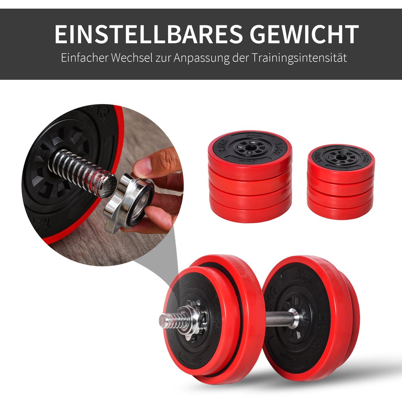 HOMCOM Hantelset 20KGS 2-IN-1 Hanteln & Langhanteln verstellbar Rot Schwarz 21,5 x 21,5 x 3,8 cm