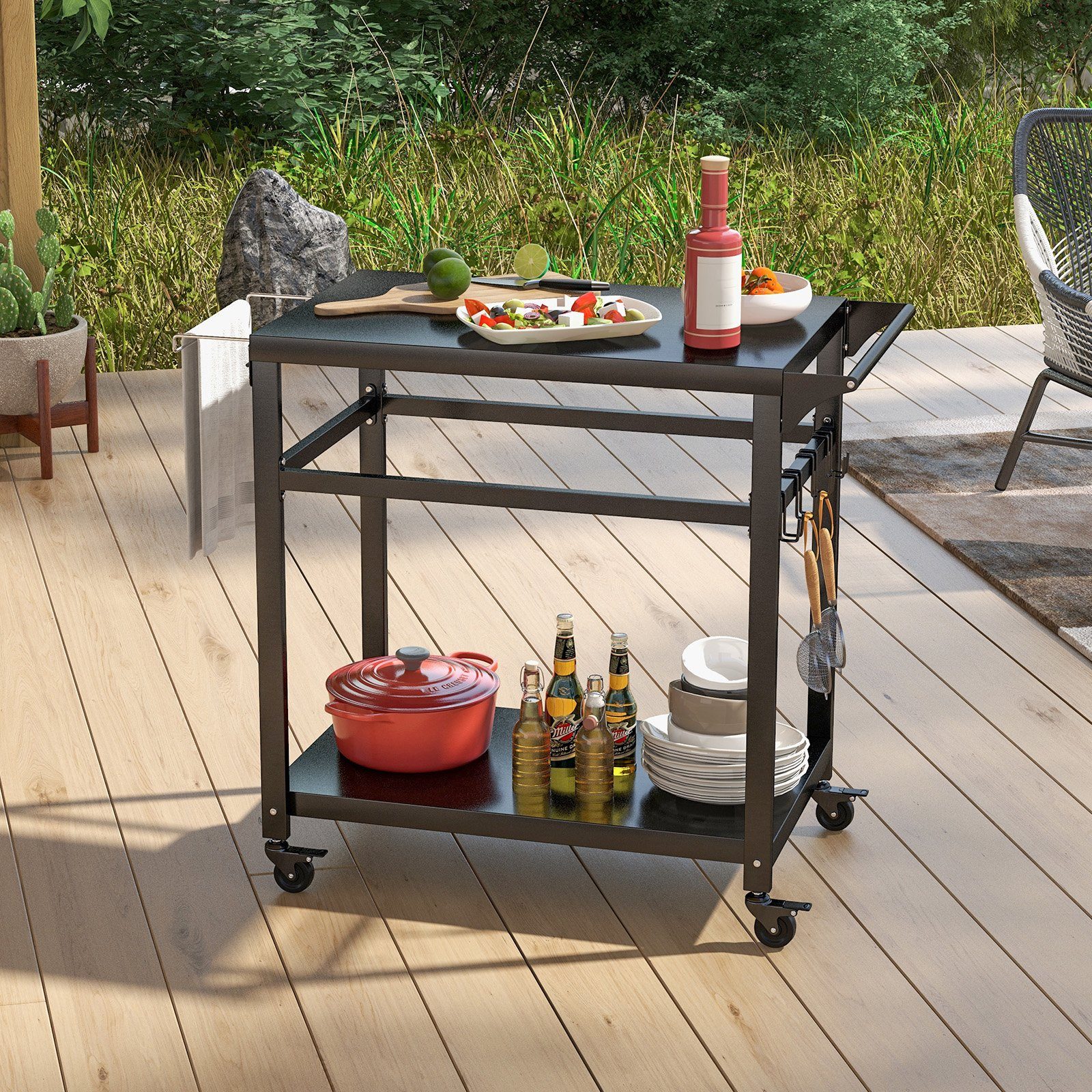COSTWAY Grillablagetisch, mit 2 Ablagen, 4 Rollen & Haken, 108x50,5x88cm