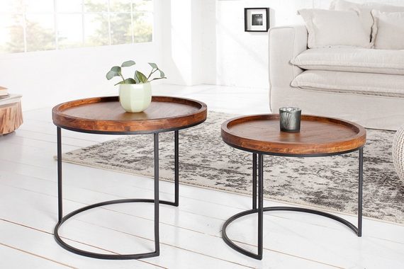 riess-ambiente Beistelltisch ELEMENTS Ø55cm natur / schwarz (Set, 2-St), Akazie-Massivholz · rund · Metall-Gestell · Wohnzimmer · Industrial